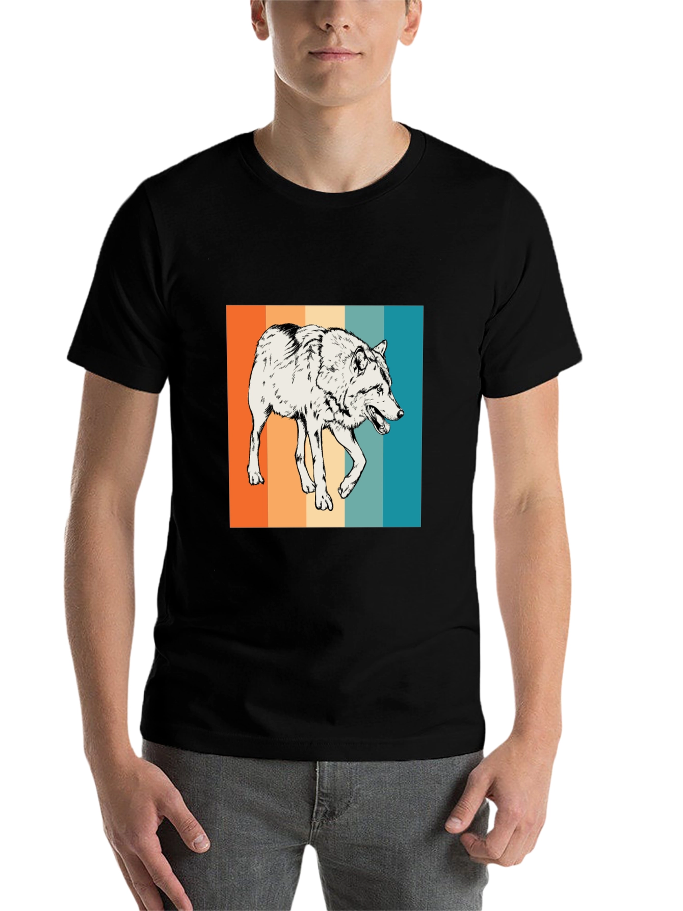 Retro Wolf Graphic Tee - Men's Black T-Shirt - 7