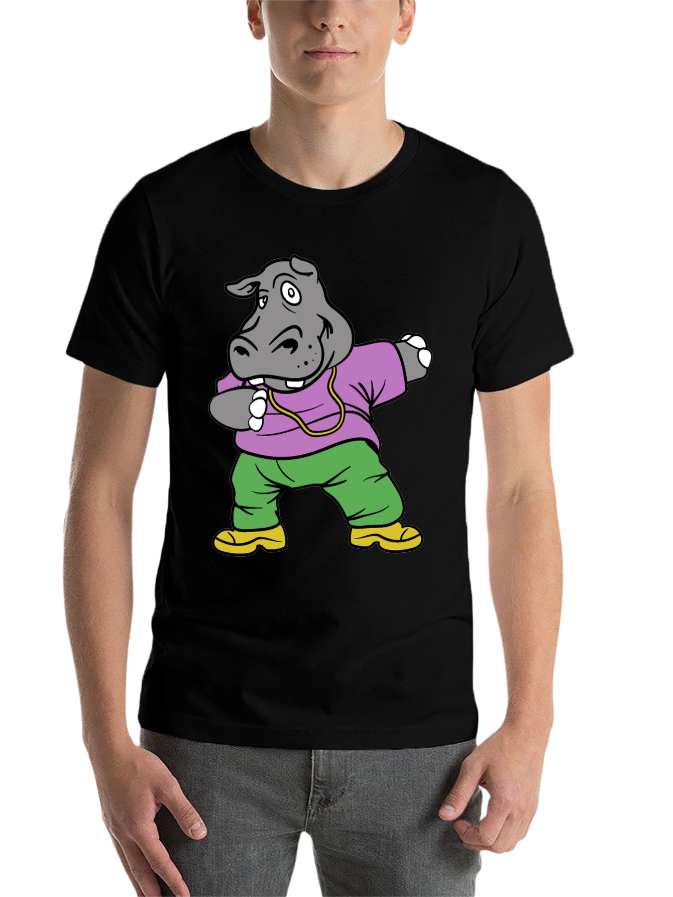 Black Dabbing Hippo Graphic Tee - Cool Cartoon Shirt view 7