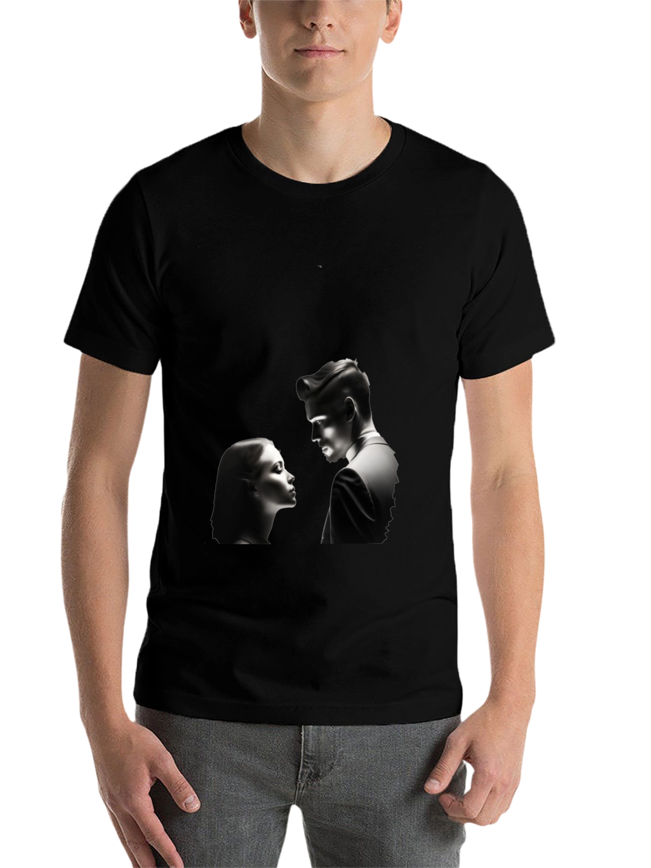 Black Romantic Black T-Shirt: Silhouette Couple Design view 7