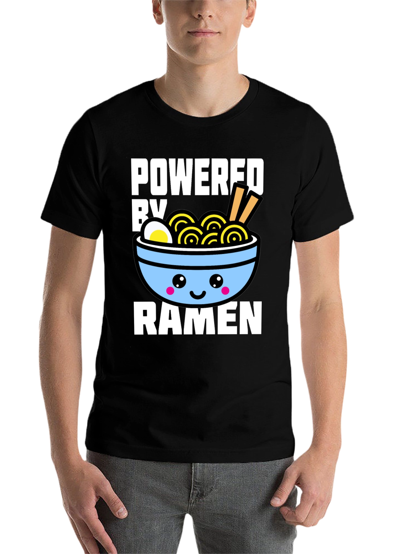 Black Powered By Ramen T-Shirt - Kawaii Noodle Bowl Graphic Tee view 7