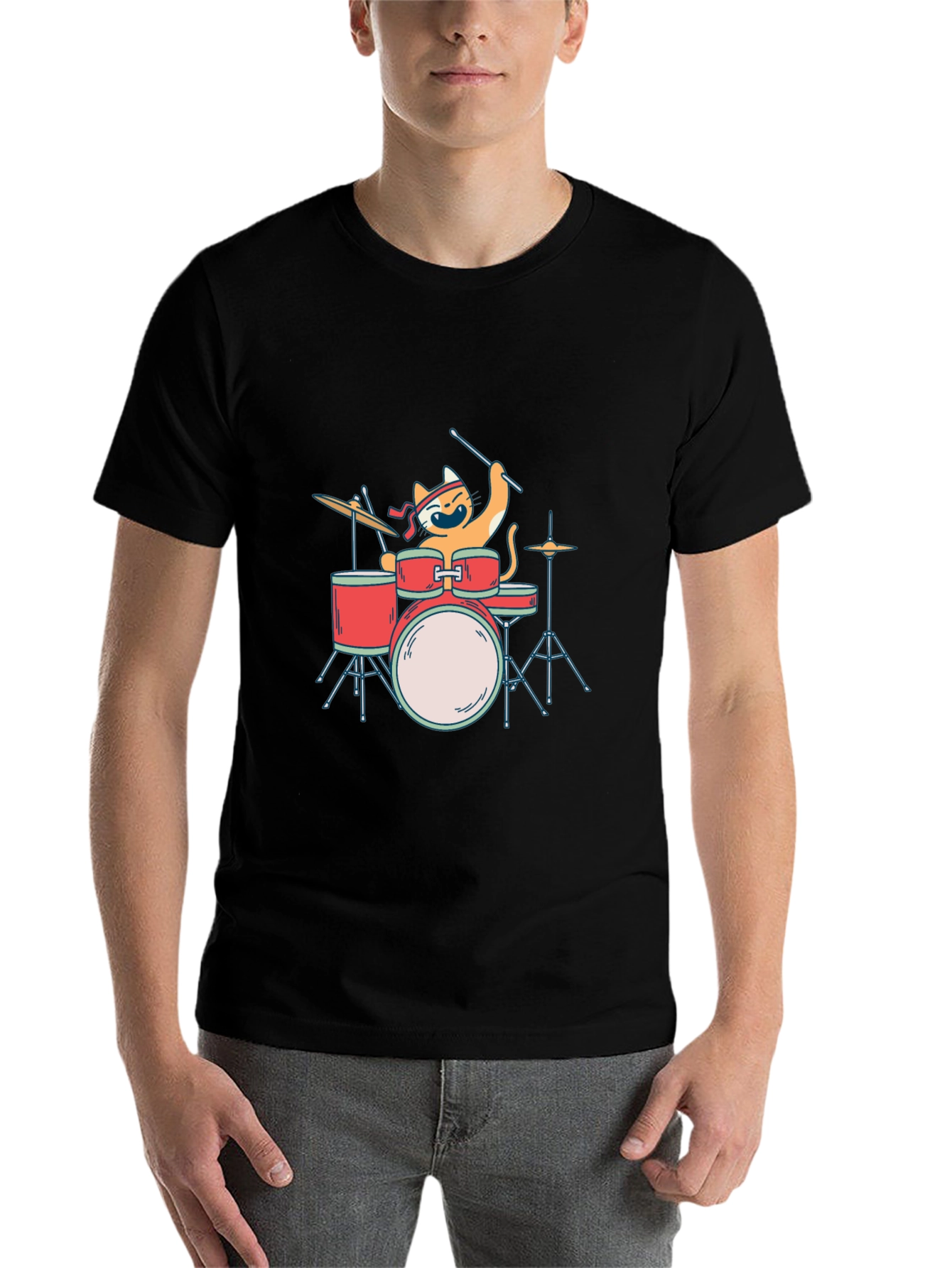 Black Cat Drummer T-Shirt - Playful Music Lover Tee view 7