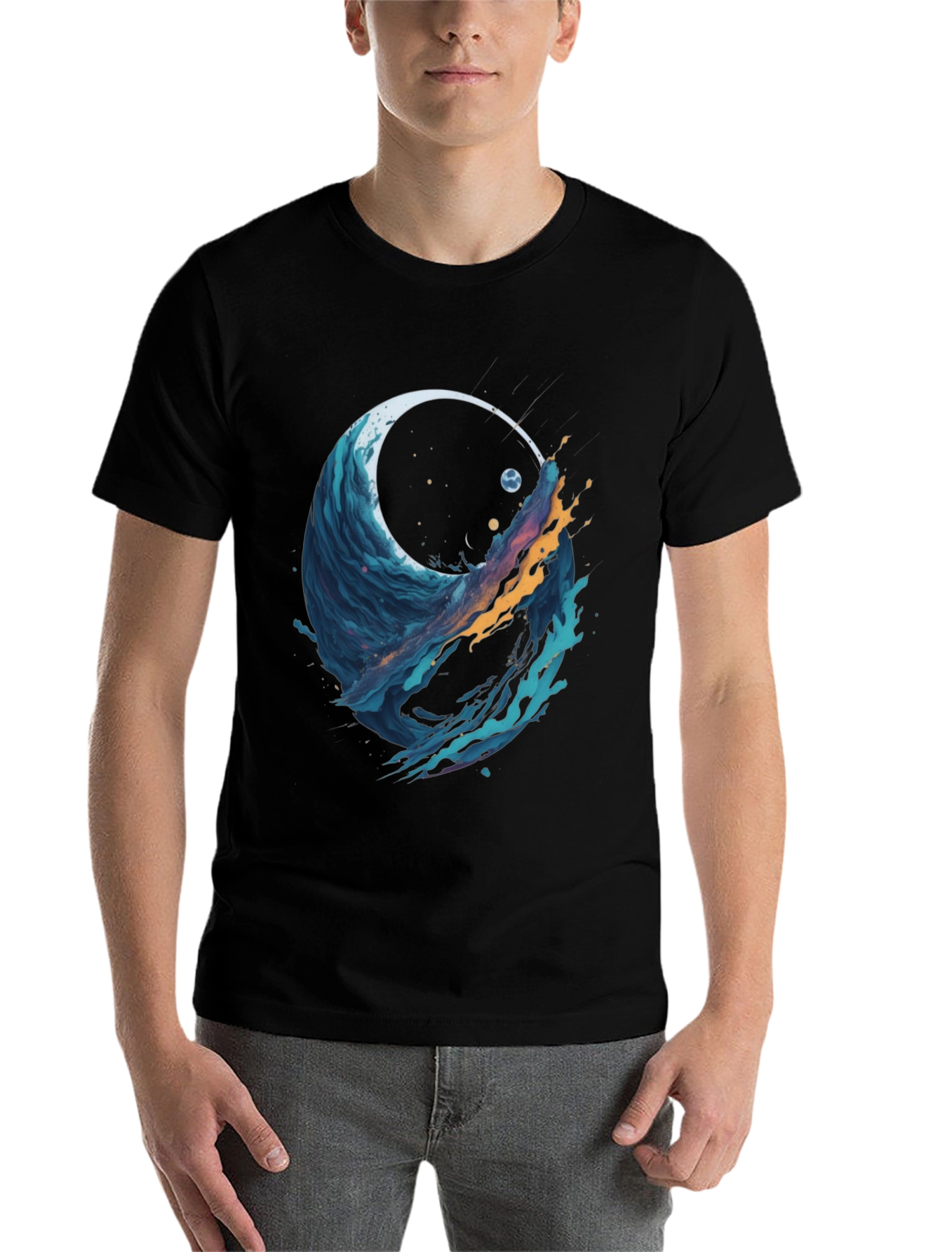 Black Abstract Wave Graphic Tee - Black Cotton Blend view 7