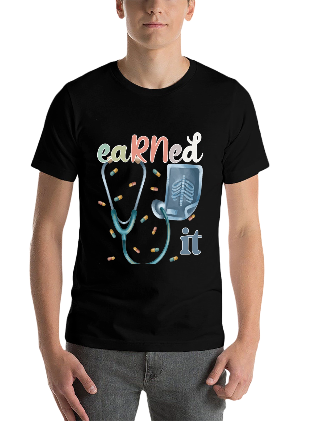 Black Earned It Doctor T-Shirt - Stethoscope & X-Ray Graphic view 7