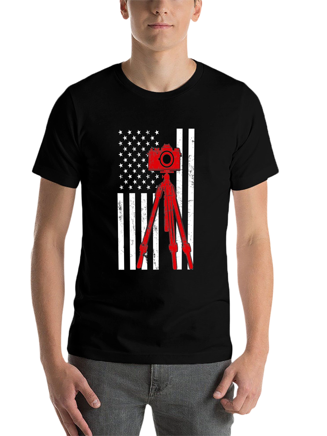 Black Patriotic Photographer T-Shirt - Camera & American Flag view 7