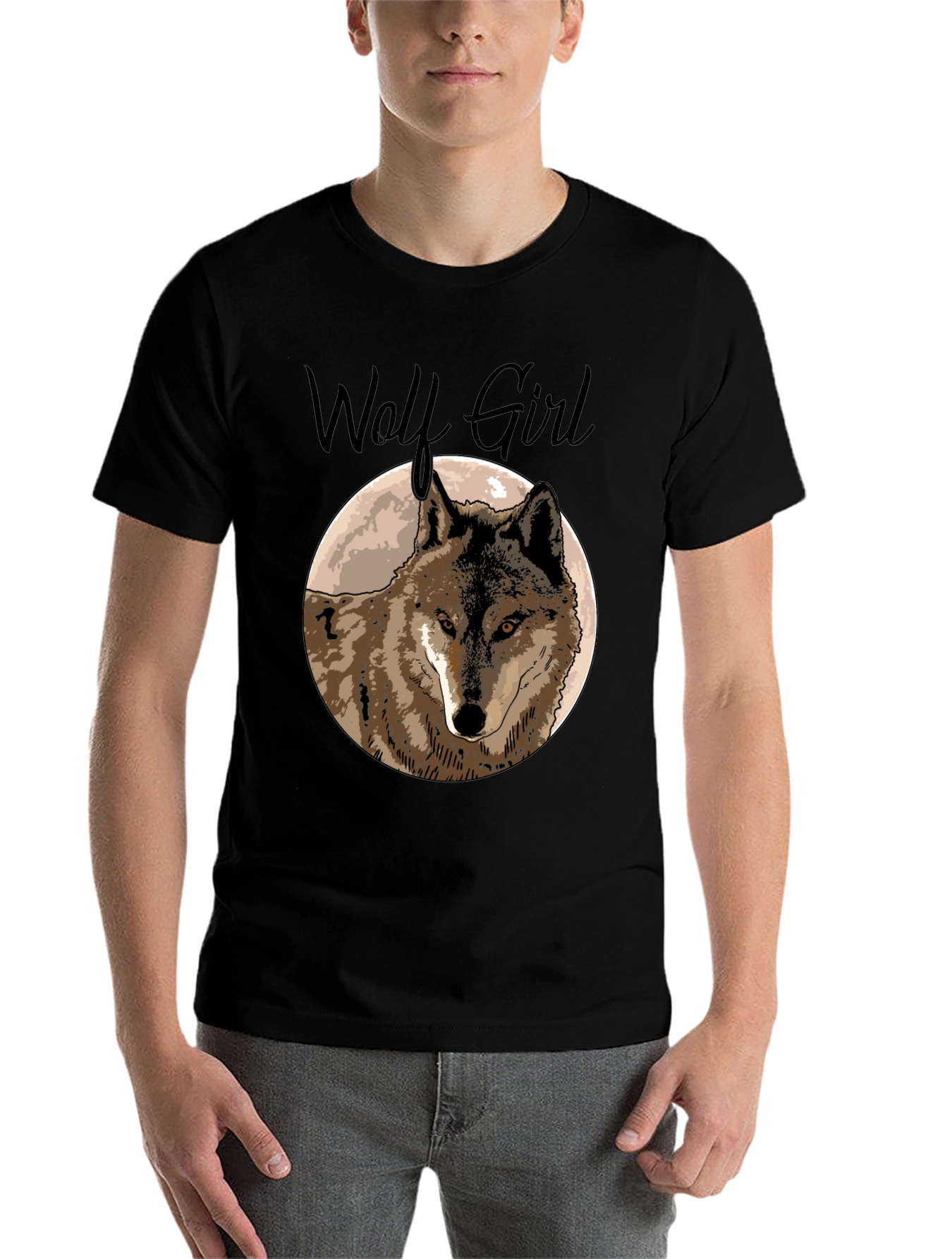Black Wolf Girl Graphic Tee - Black Cotton T-Shirt view 7