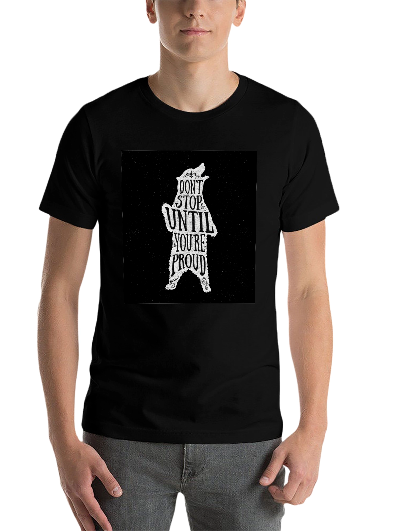 Black Motivational Bear Graphic T-Shirt - Don't Stop Until Proud view 7