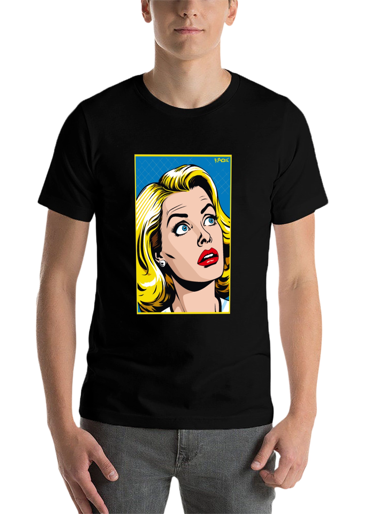 Black Retro Pop Art Woman T-Shirt - Black Cotton Tee view 7