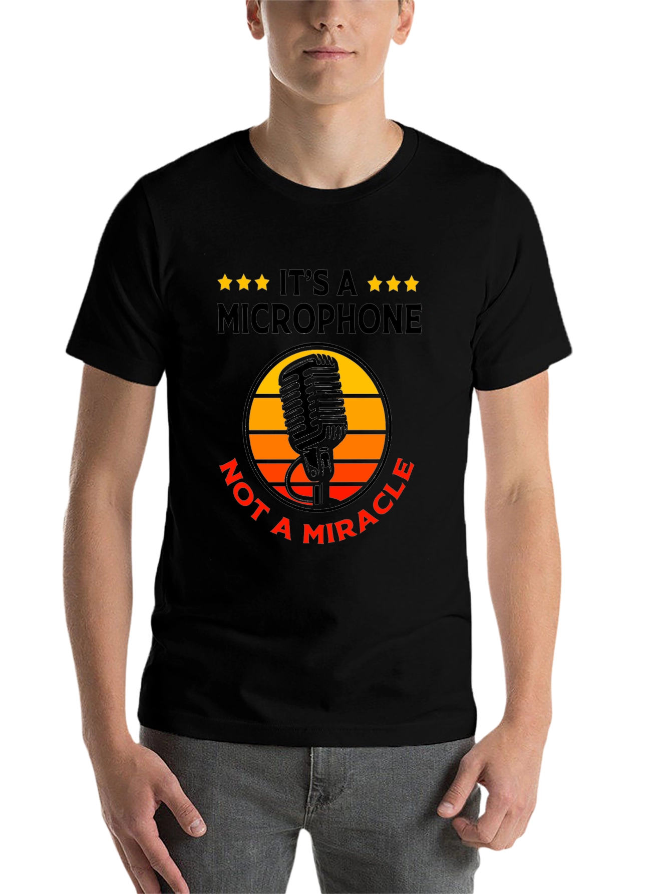 Black Retro Microphone Graphic Tee -  "It's a Microphone, Not a Miracle" view 7