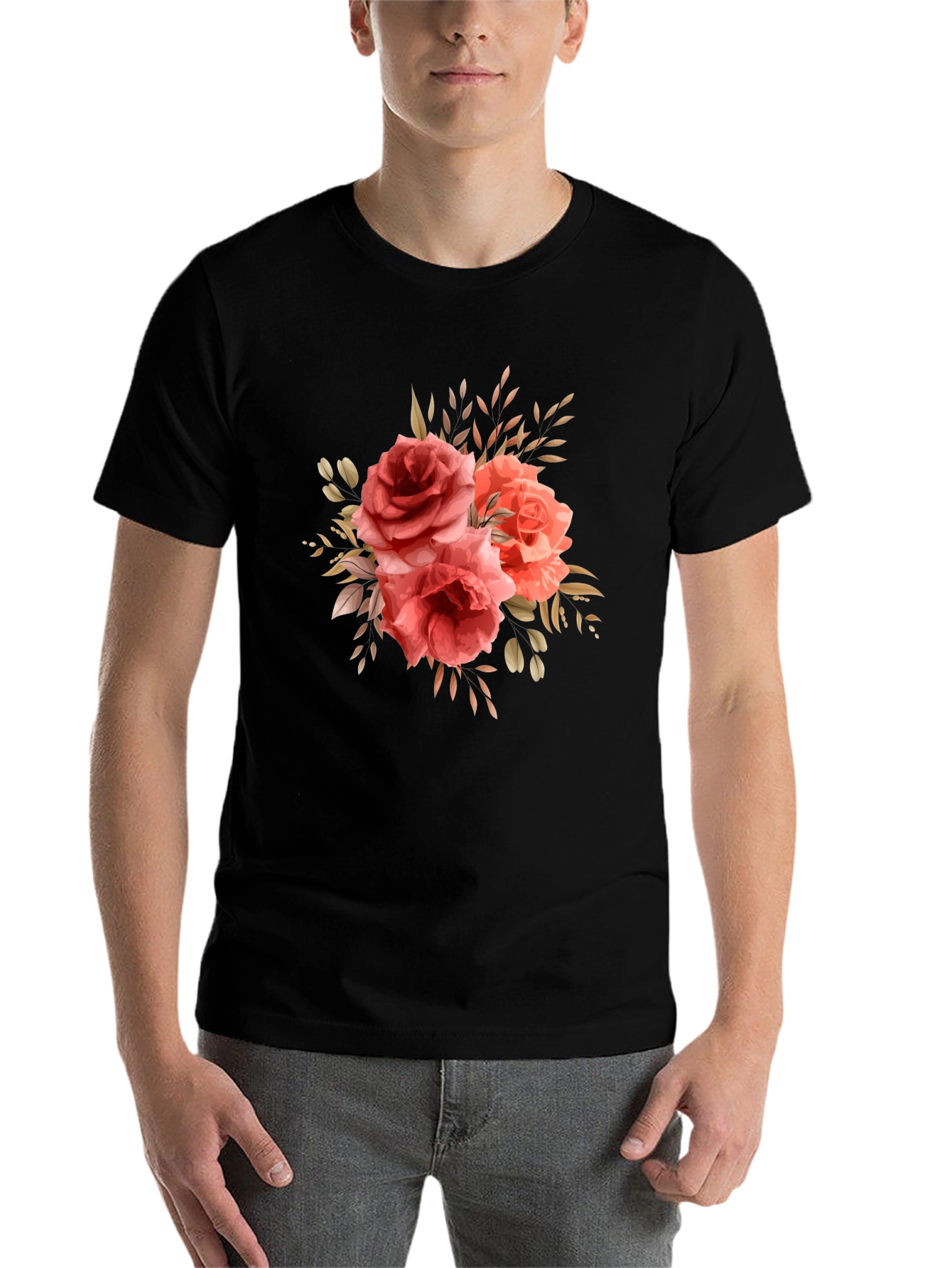 Black Floral Roses Graphic Print Black T-Shirt view 7