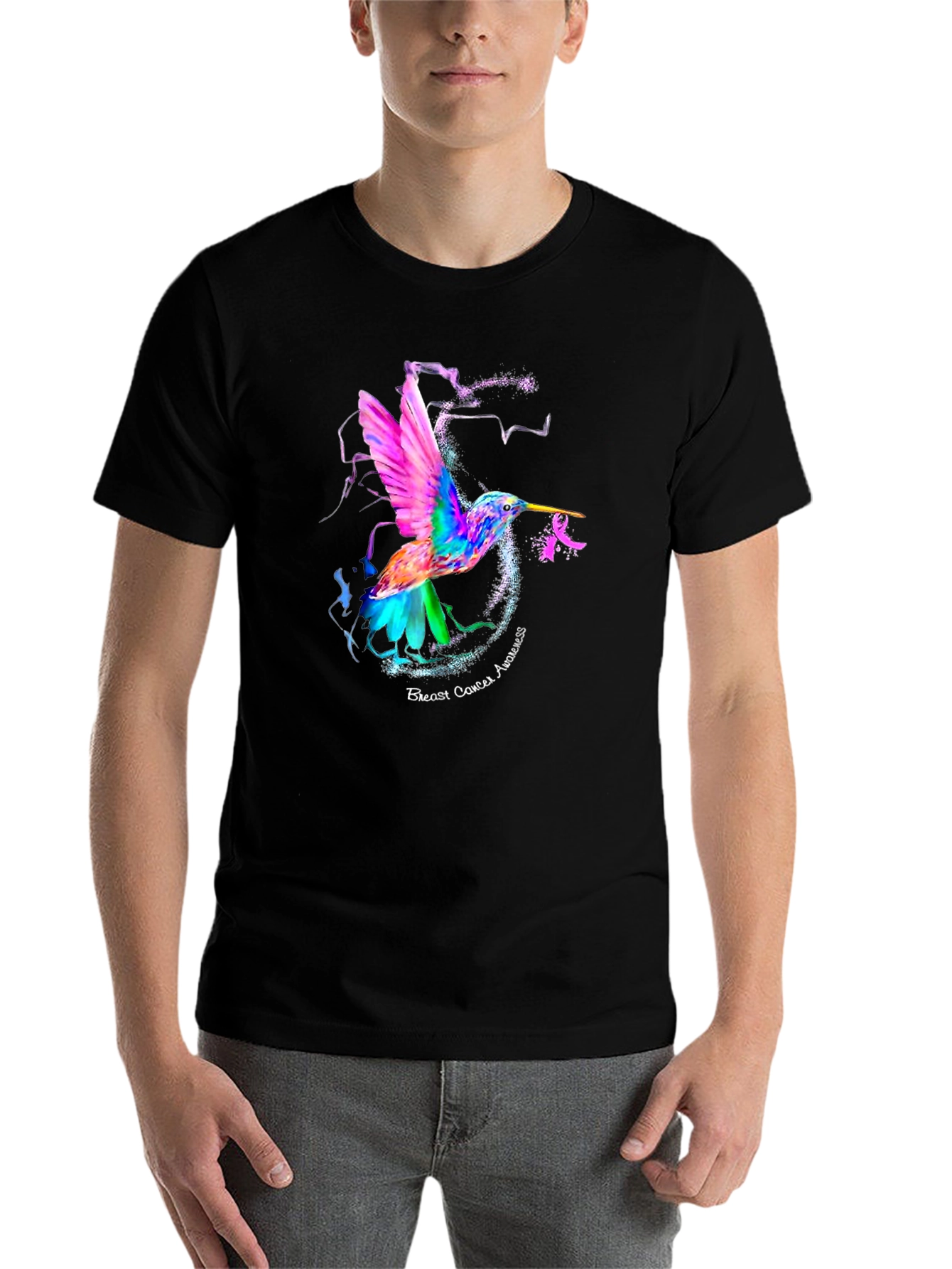 Black Hummingbird Breast Cancer Awareness T-Shirt view 7