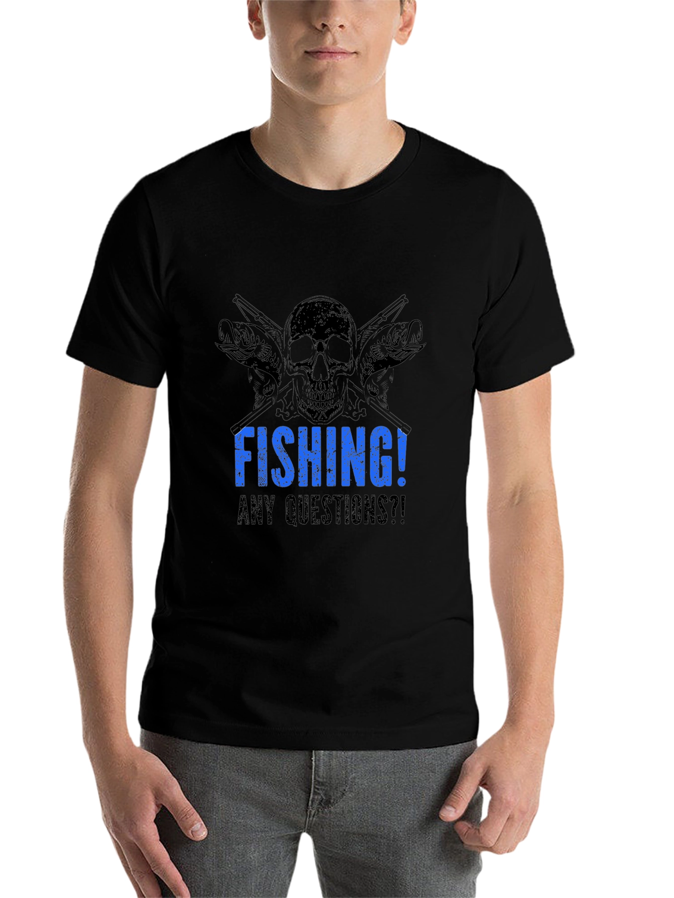 Black Fishing Skull Graphic Tee - Any Questions?! Black Cotton T-Shirt view 7