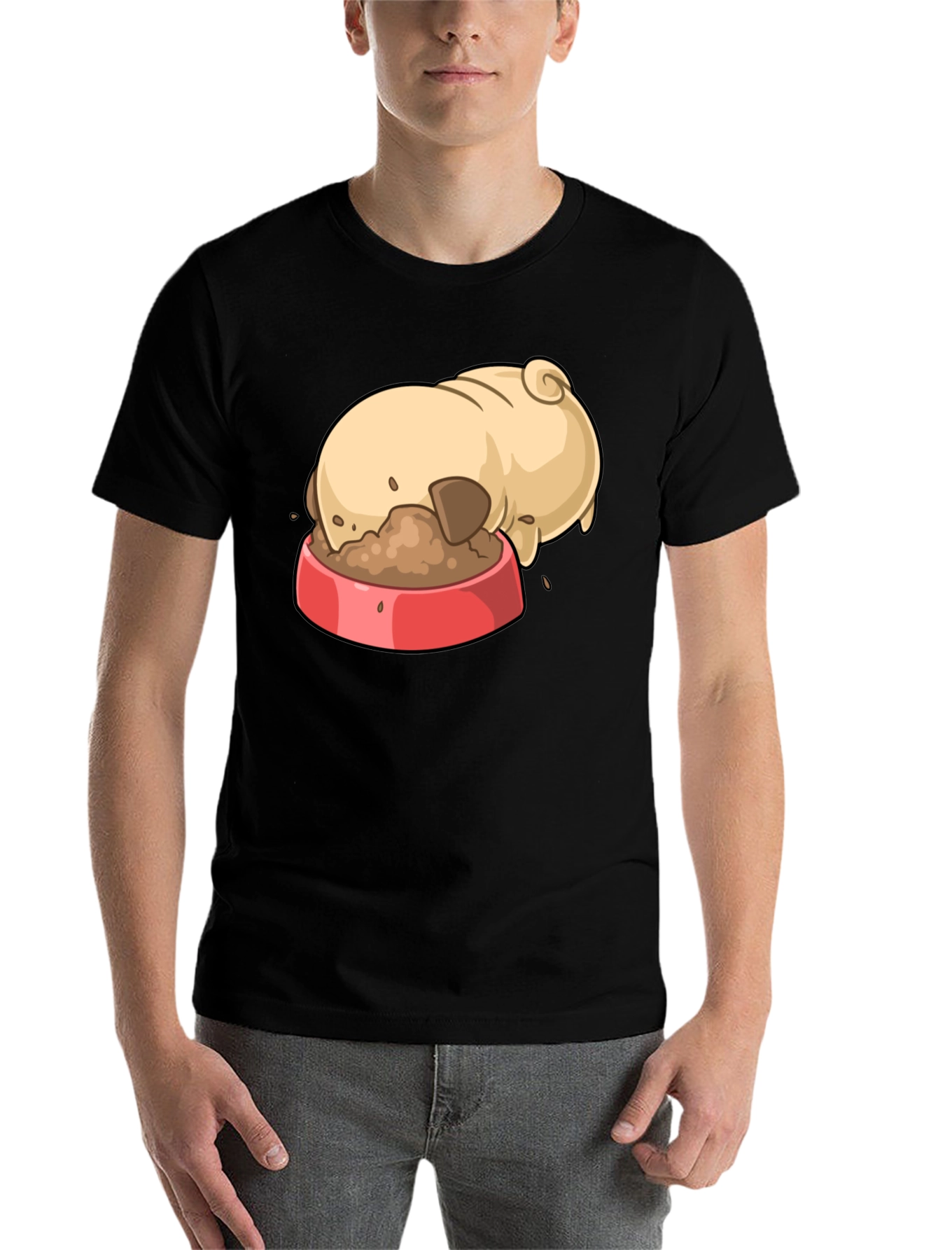 Black Pug Eating Cartoon Graphic T-Shirt view 7