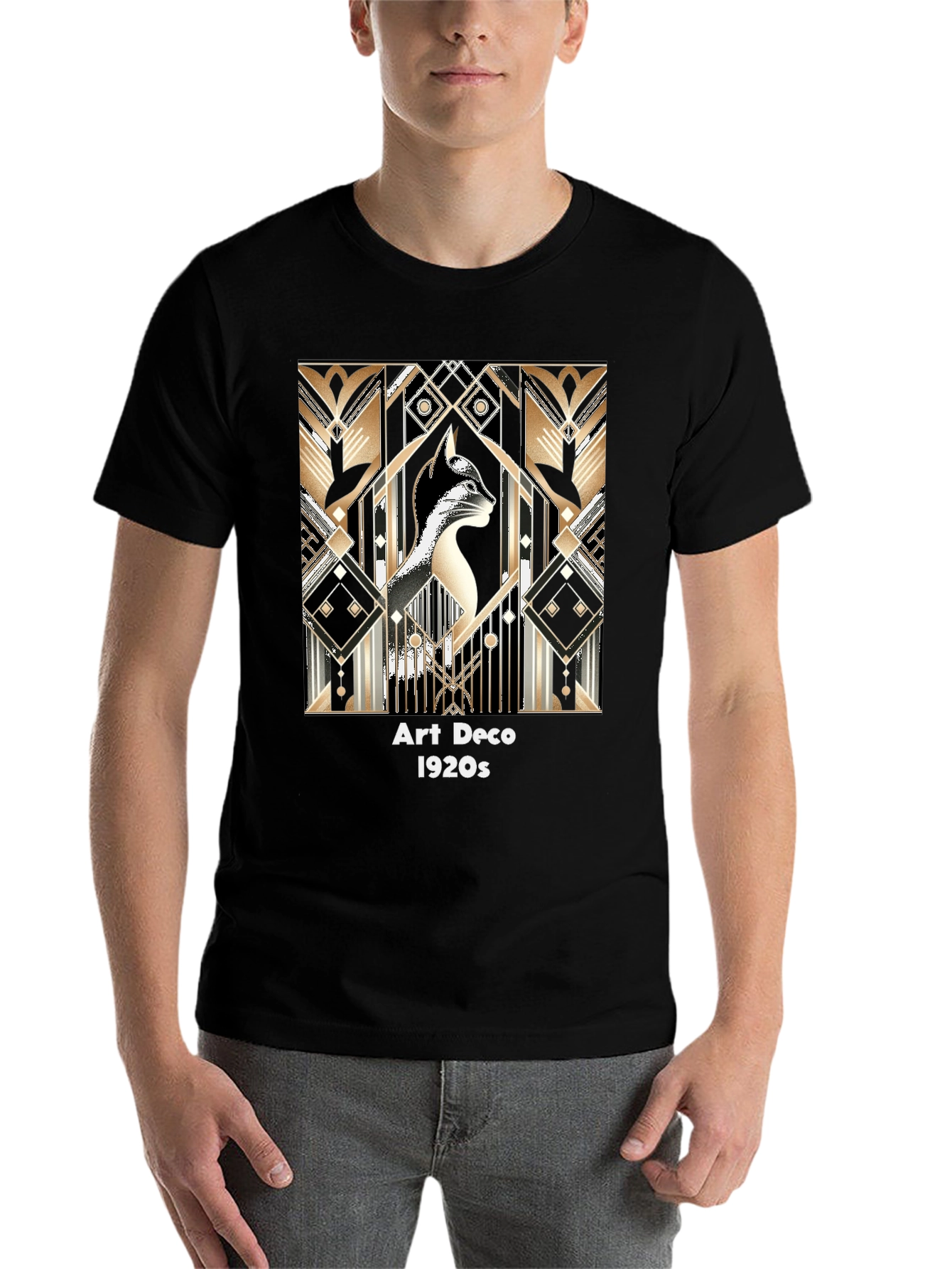 Black Art Deco Cat T-Shirt - Roaring 20s Style view 7