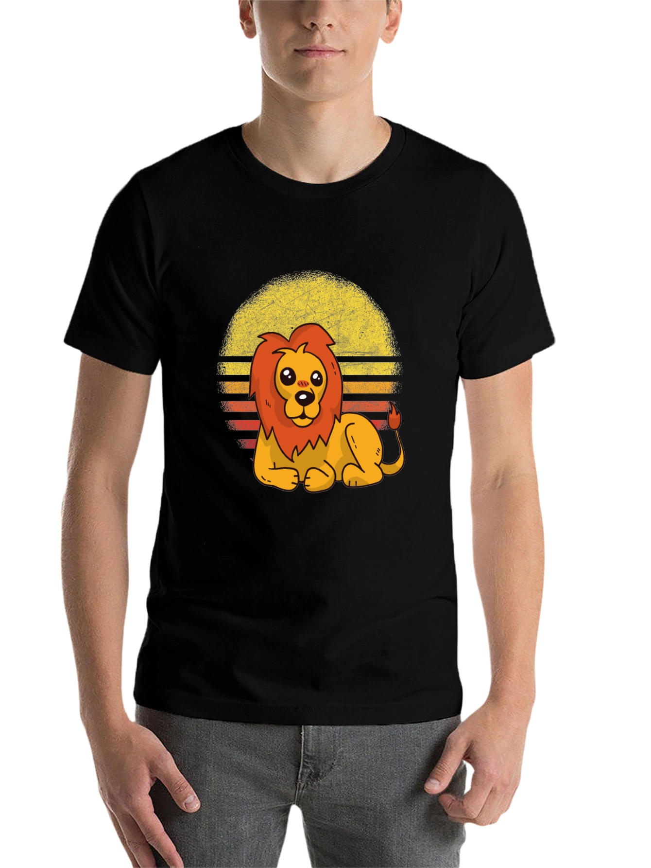 Black Cute Lion Retro Sunset Graphic Tee view 7