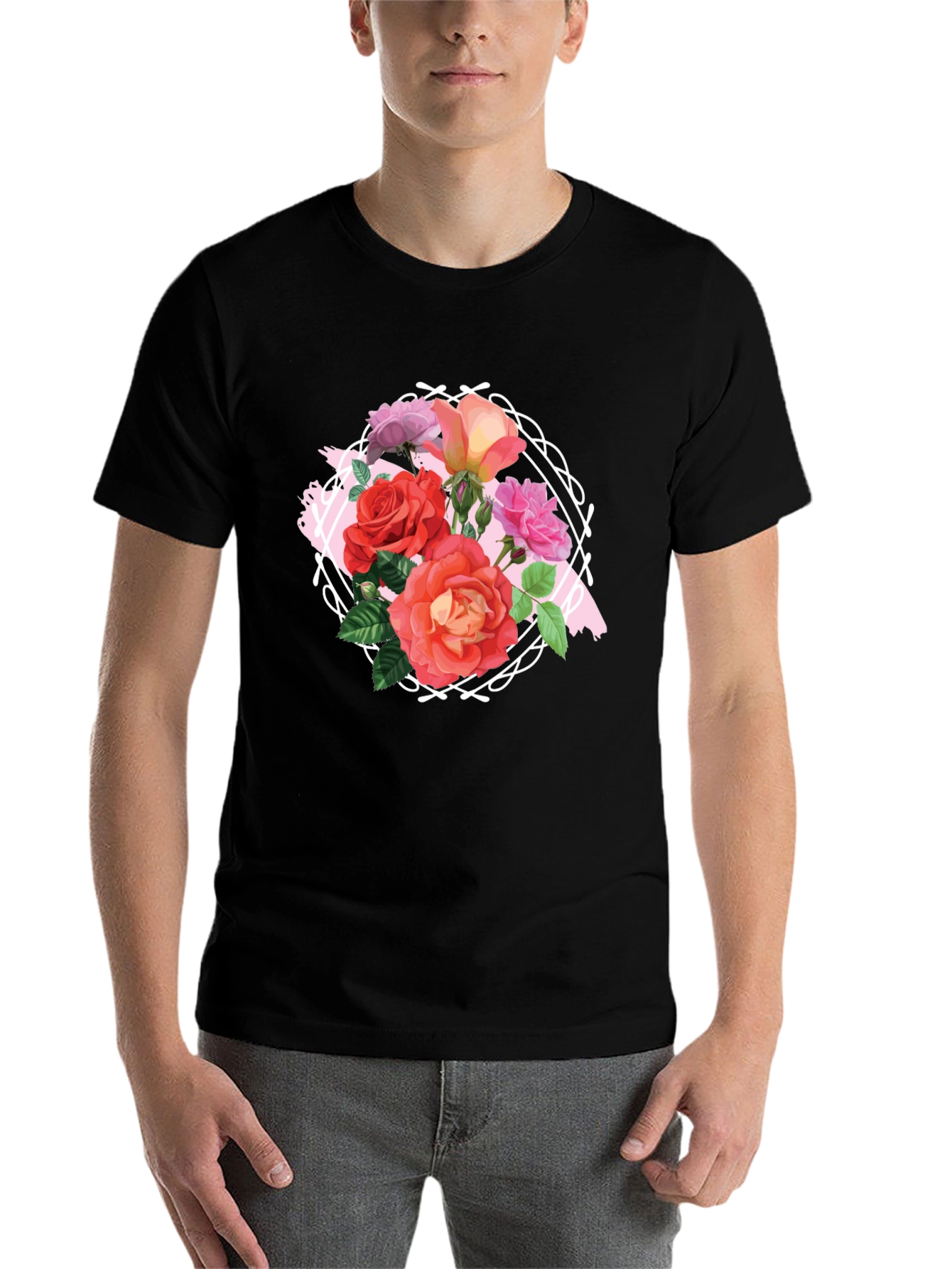 Black Floral Roses Graphic Tee - Stylish Black T-Shirt view 7