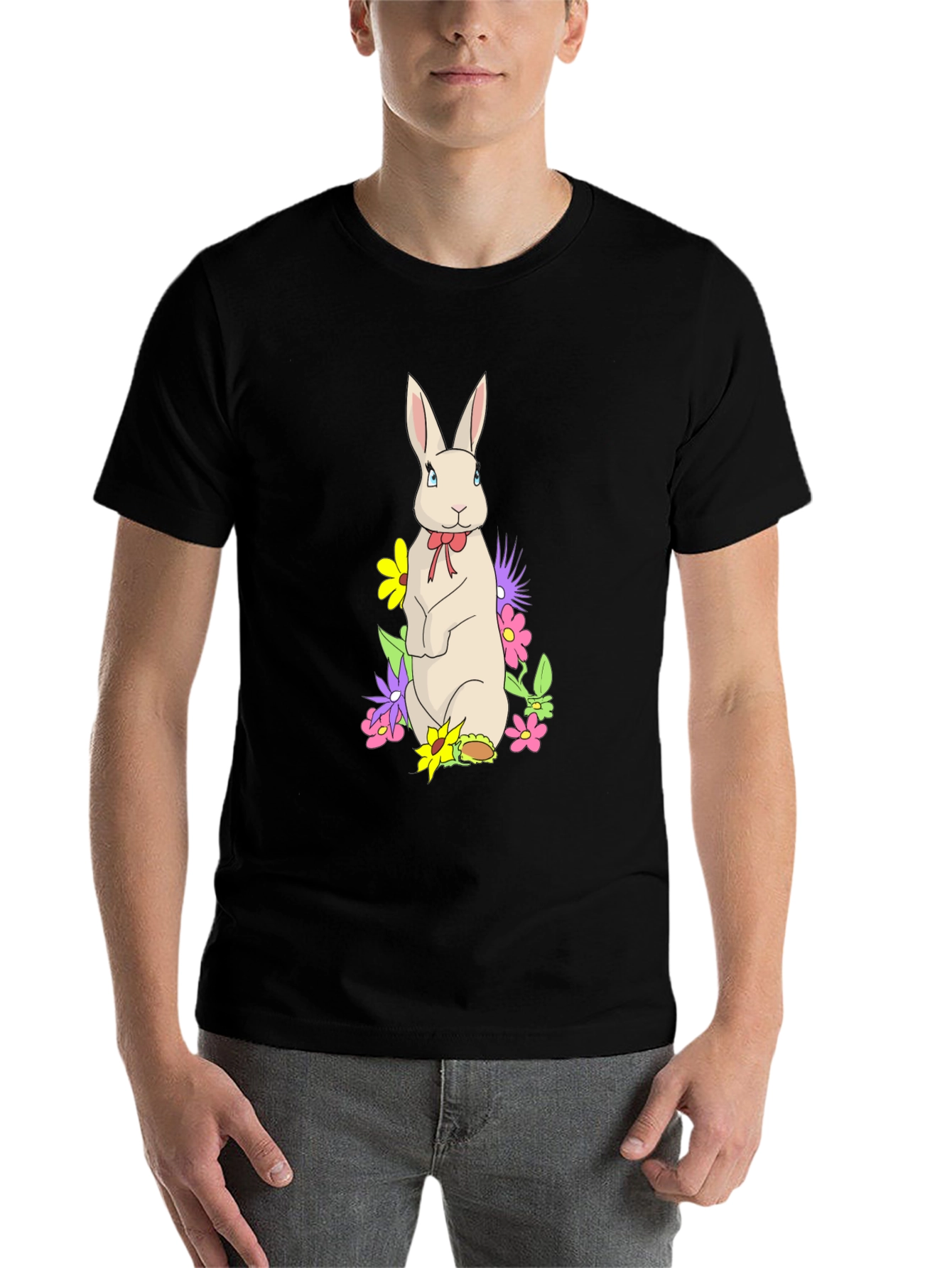Black Rabbit & Flowers Black T-Shirt view 7