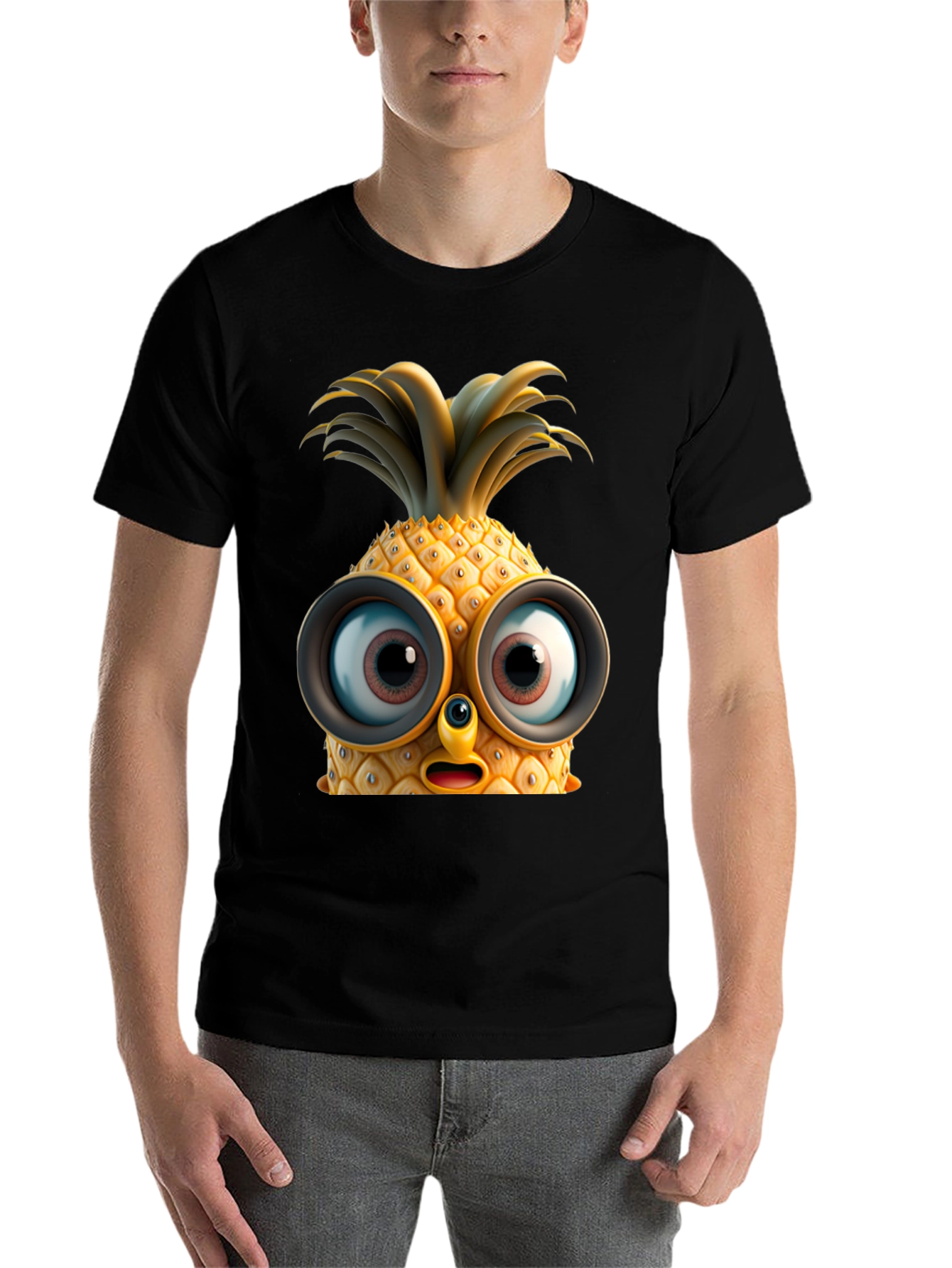 Black Funny Pineapple Face Graphic T-Shirt view 7