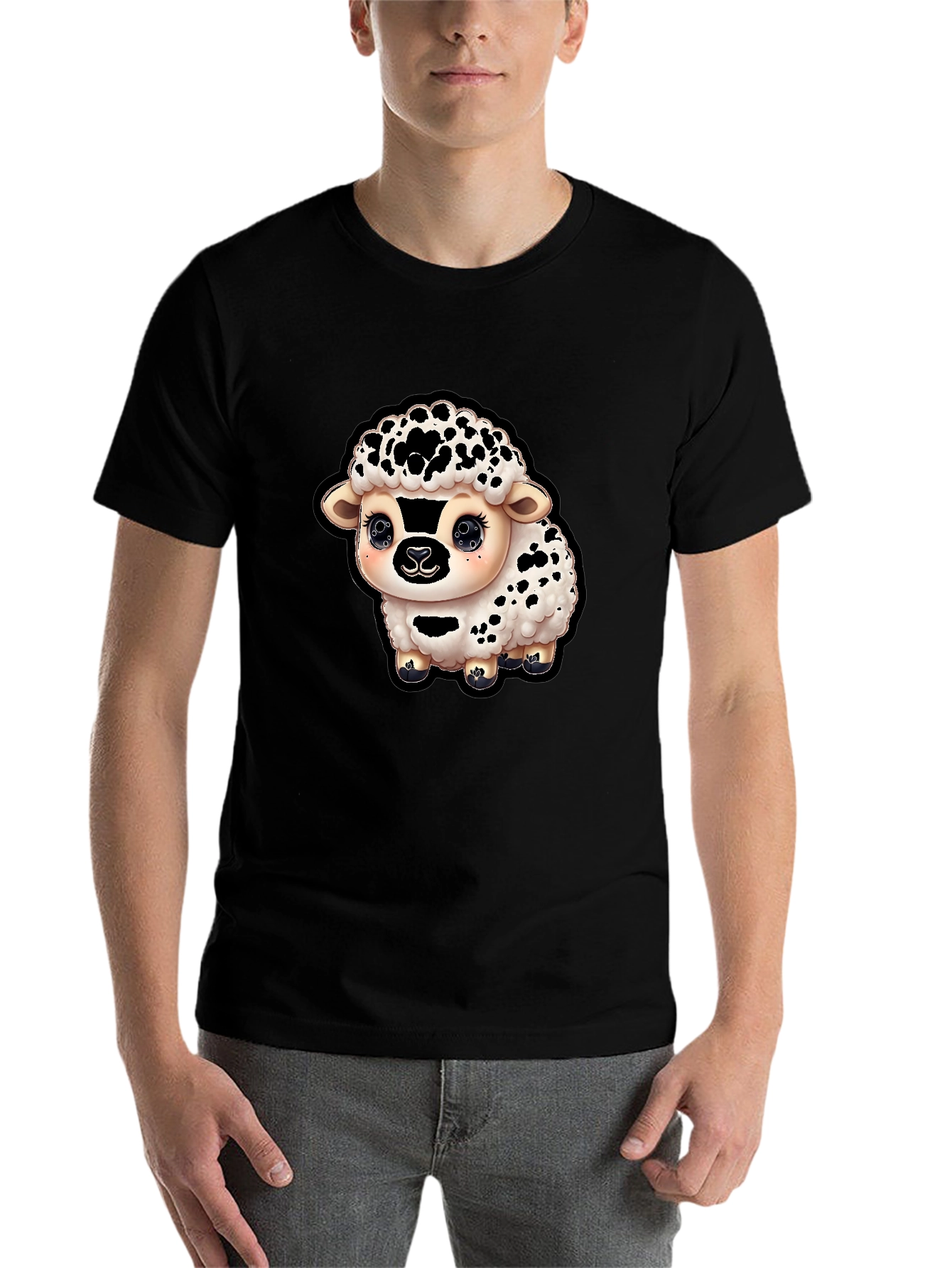 Black Cute Sheep Graphic T-Shirt - Black Cotton Blend view 7