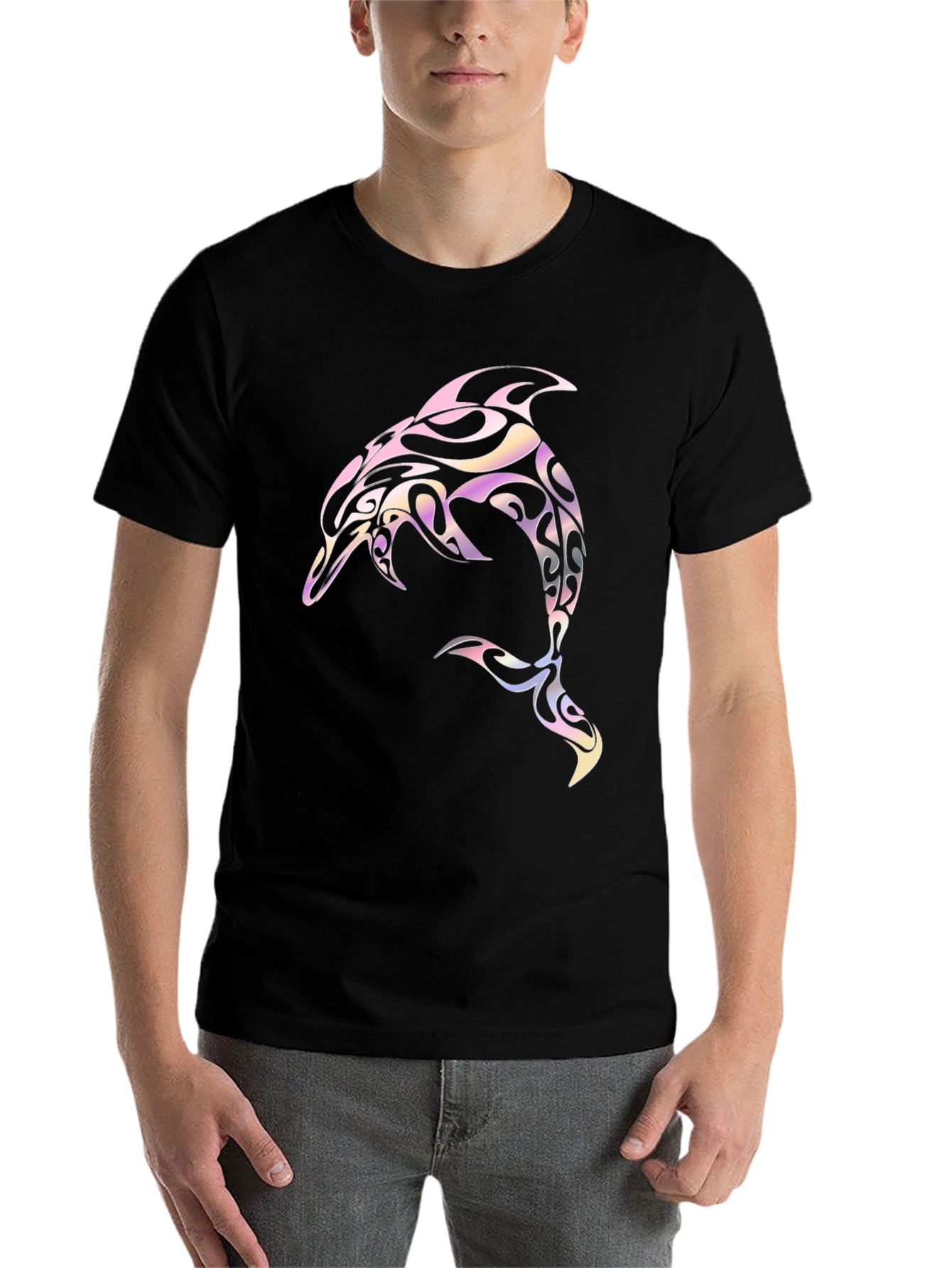 Black Tribal Dolphin Graphic Tee - Black Cotton Blend view 7