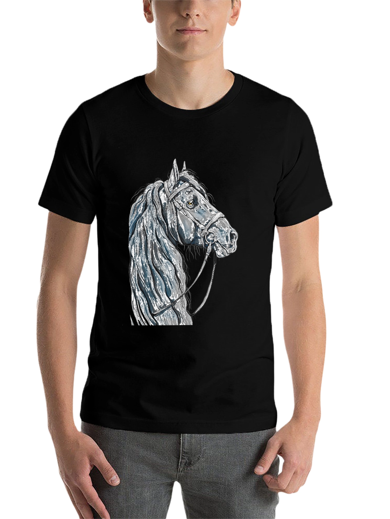 Black Horse Head Graphic Tee - Black Cotton Blend T-Shirt view 7