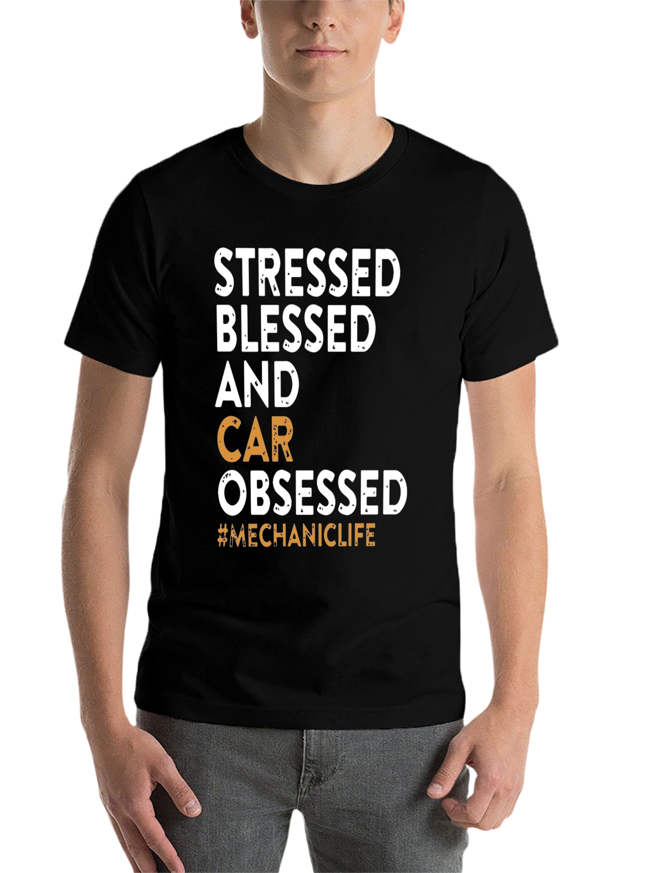 Black Stressed Blessed Car Obsessed T-Shirt view 7