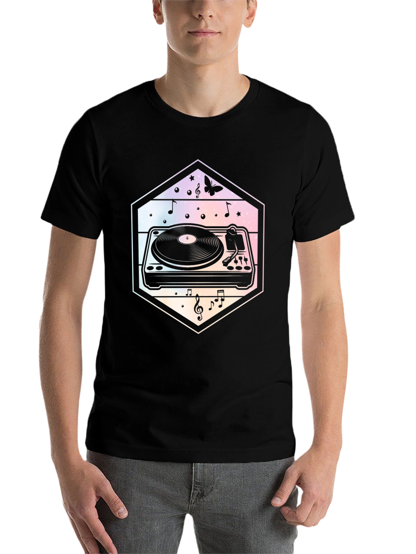 Black Retro Turntable Music T-Shirt - DJ Gift view 7