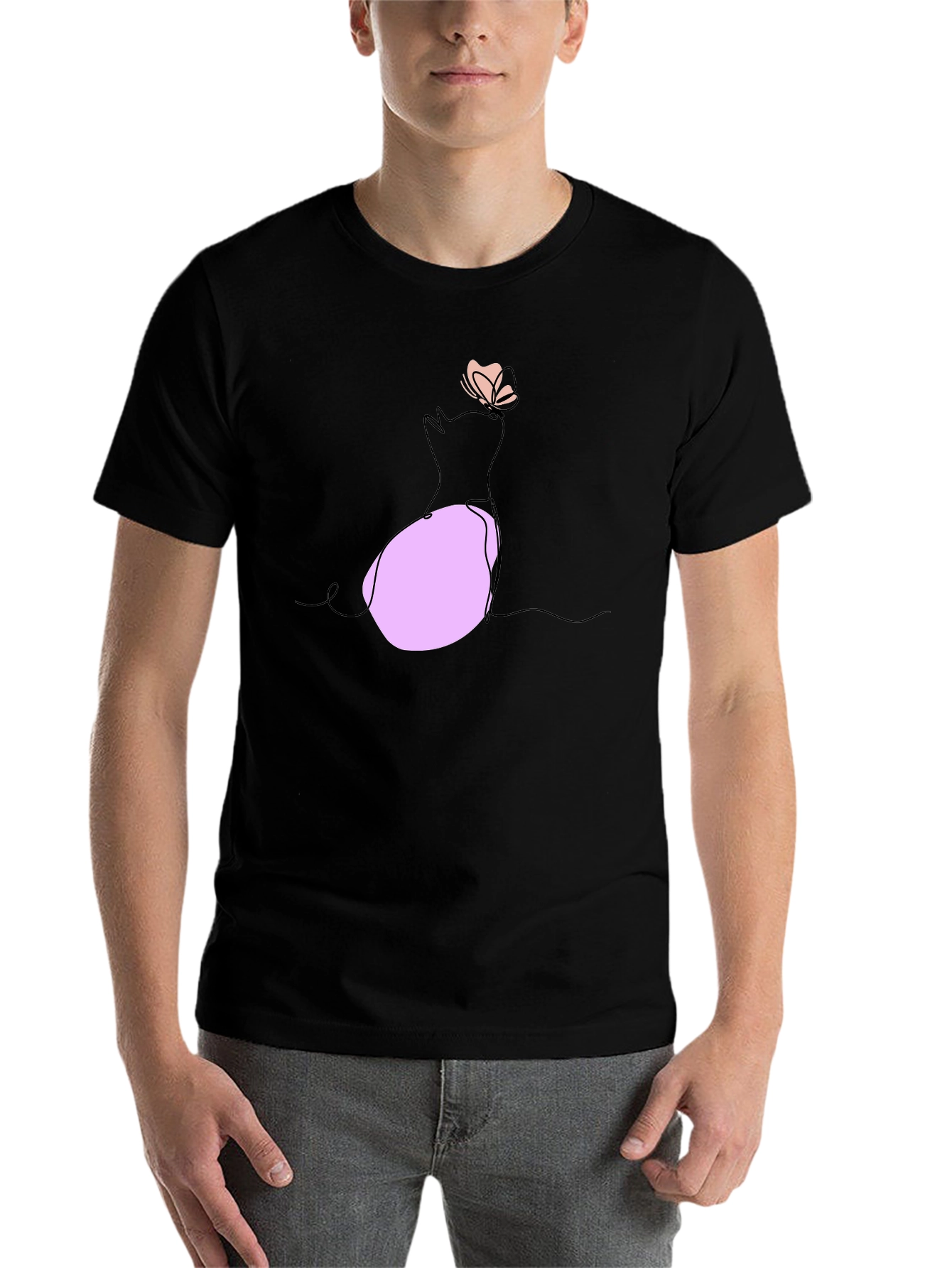 Black Minimalist Cat & Butterfly Graphic T-Shirt view 7