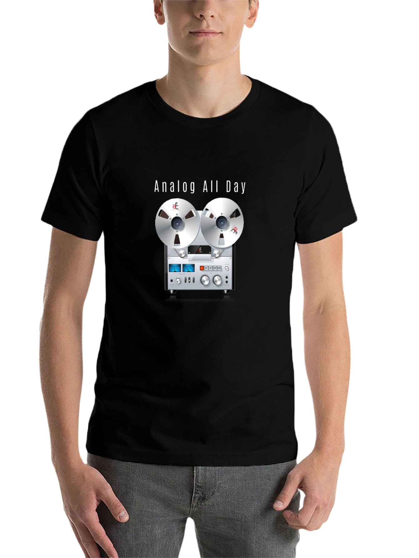 Black Analog All Day T-Shirt: Retro Reel-to-Reel Design view 7