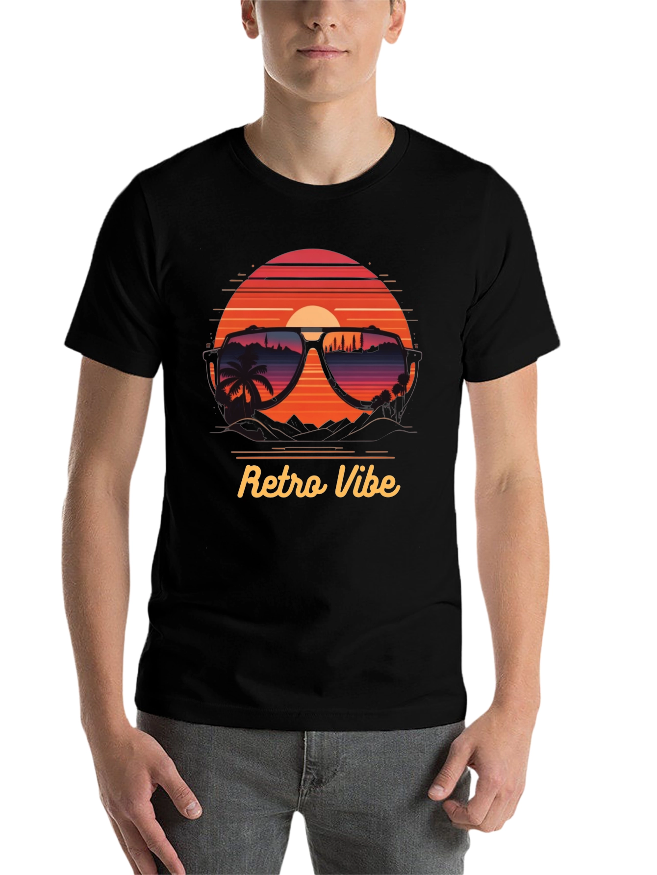Black Retro Vibe T-Shirt - Sunglasses Sunset Design view 7