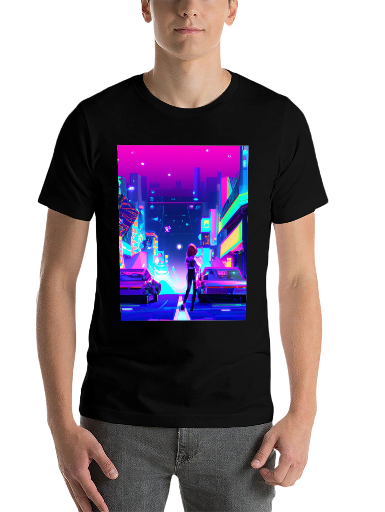 Black Neon Cityscape T-Shirt - Futuristic Style view 7