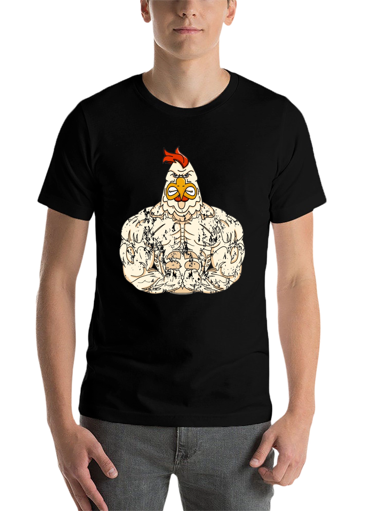 Black Muscled Chicken Graphic Tee - Black Cotton T-Shirt view 7