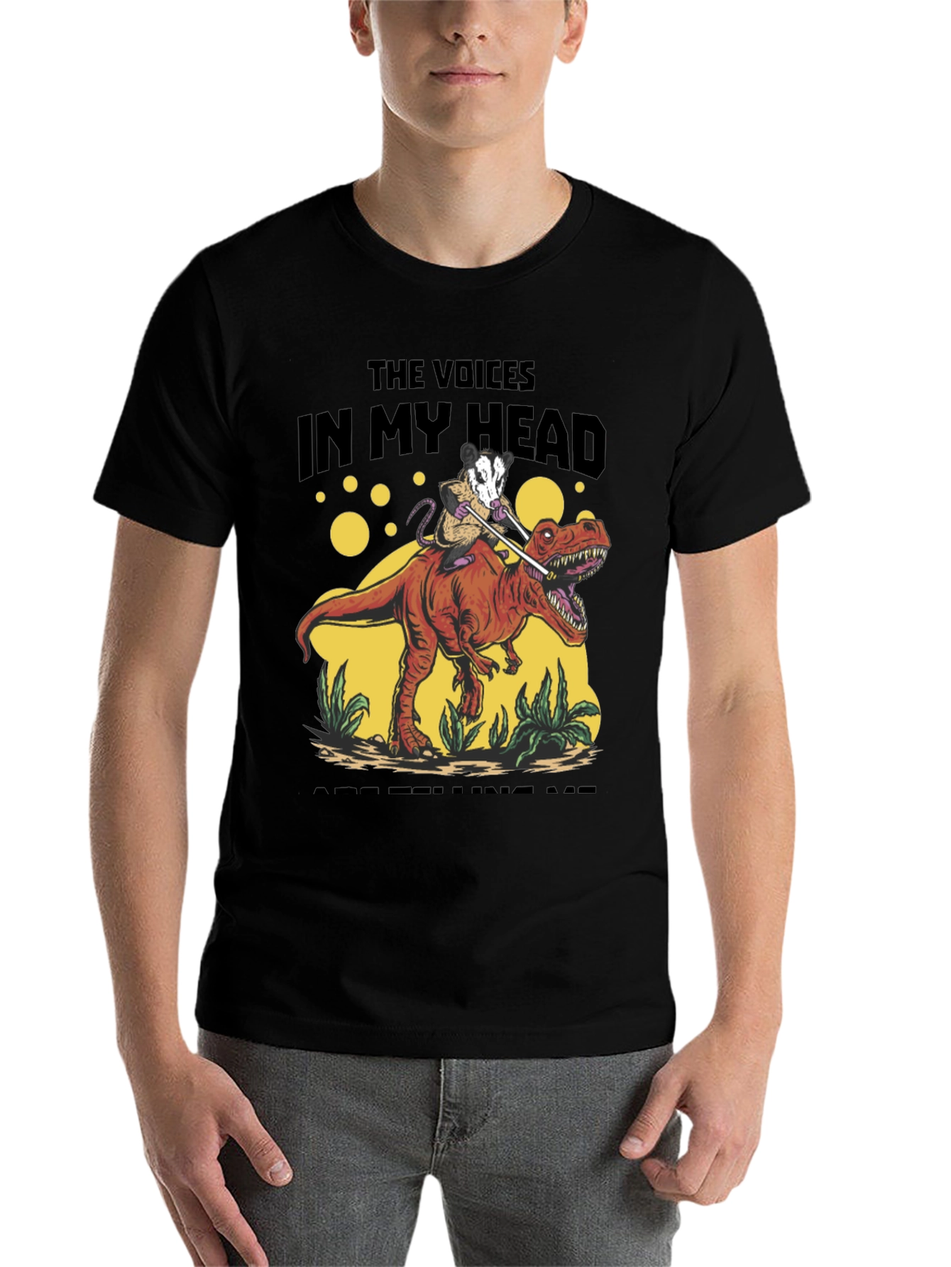 Black Opossum Riding Dinosaur T-Shirt - The Voices In My Head view 7
