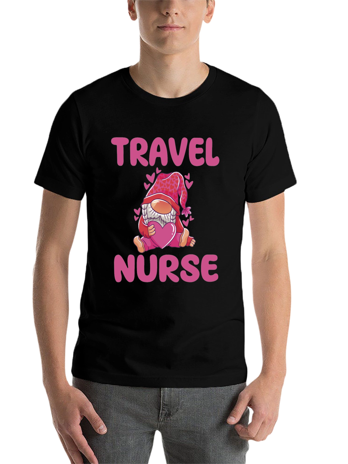 Black Travel Nurse Gnome T-Shirt - Valentine's Day Gift view 7