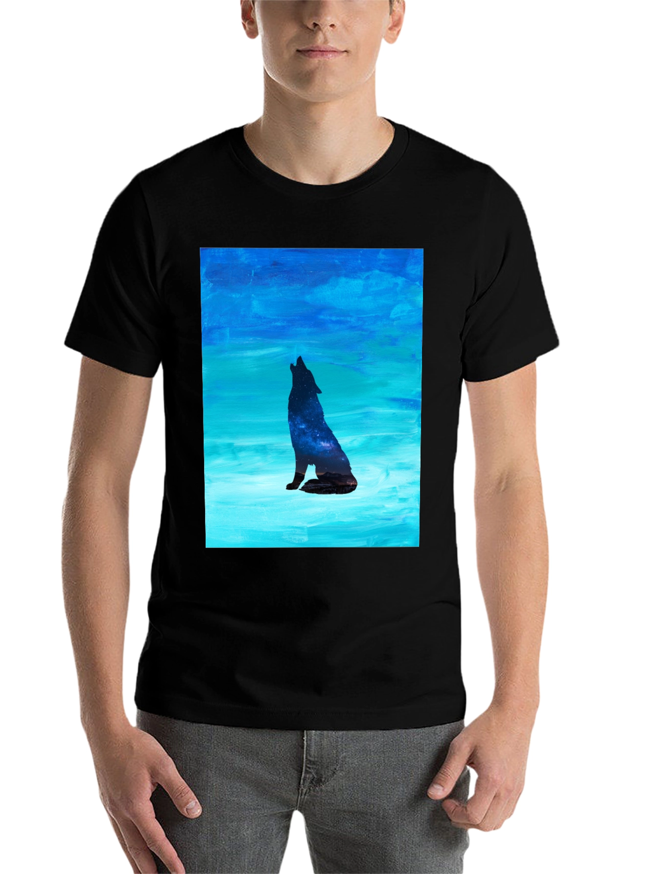 Black Howling Wolf Galaxy Print Black T-Shirt view 7