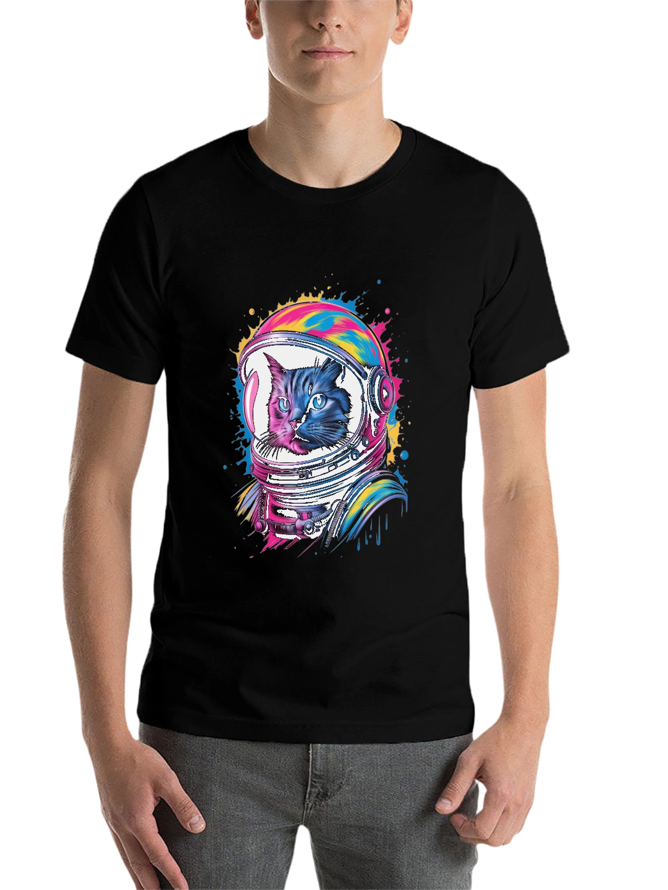 Black Cat Astronaut Graphic Tee - Unisex Black T-Shirt view 7