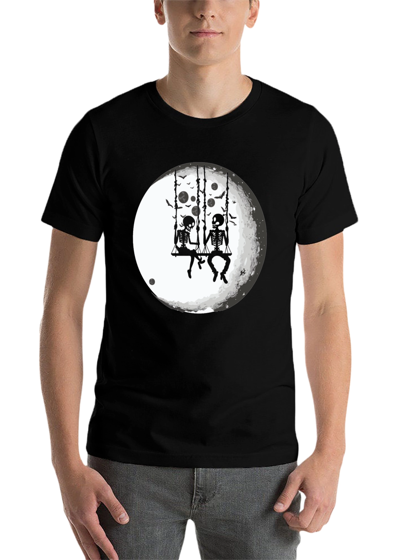 Black Skeleton Moon Swing Graphic T-Shirt view 7