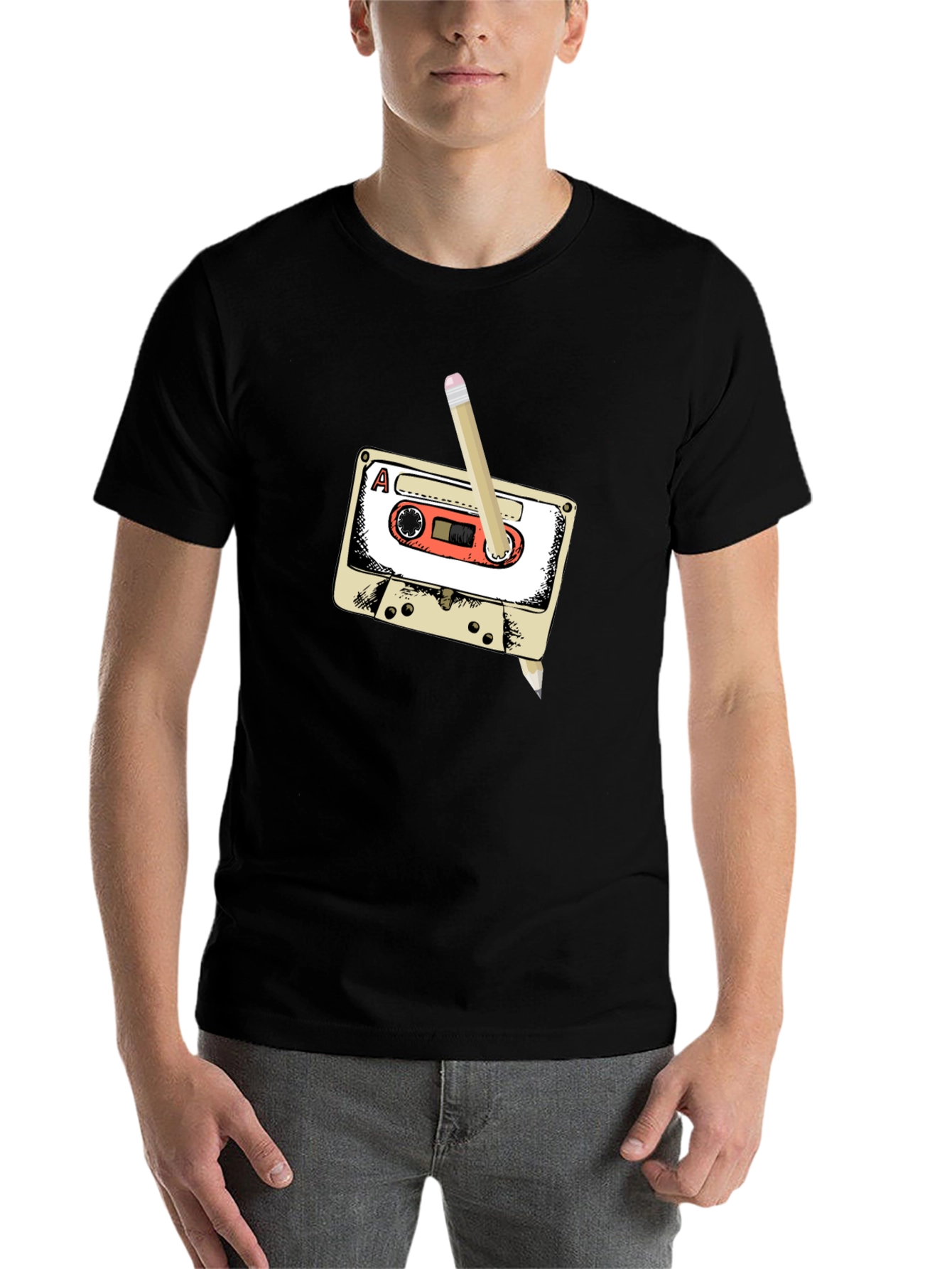 Black Retro Cassette Tape & Pencil T-Shirt view 7