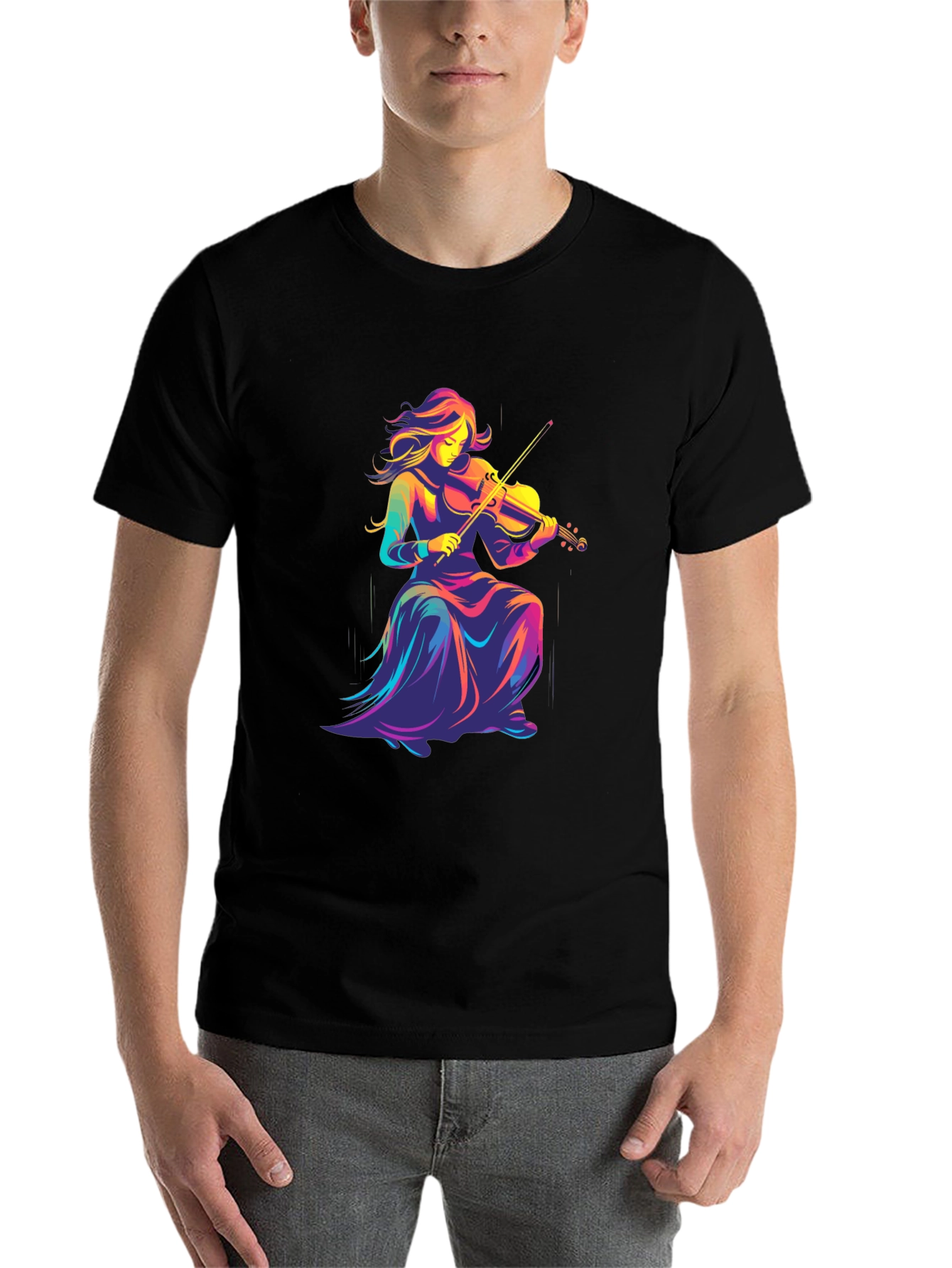 Black Vibrant Violinist Graphic Tee - Black Cotton Comfort view 7