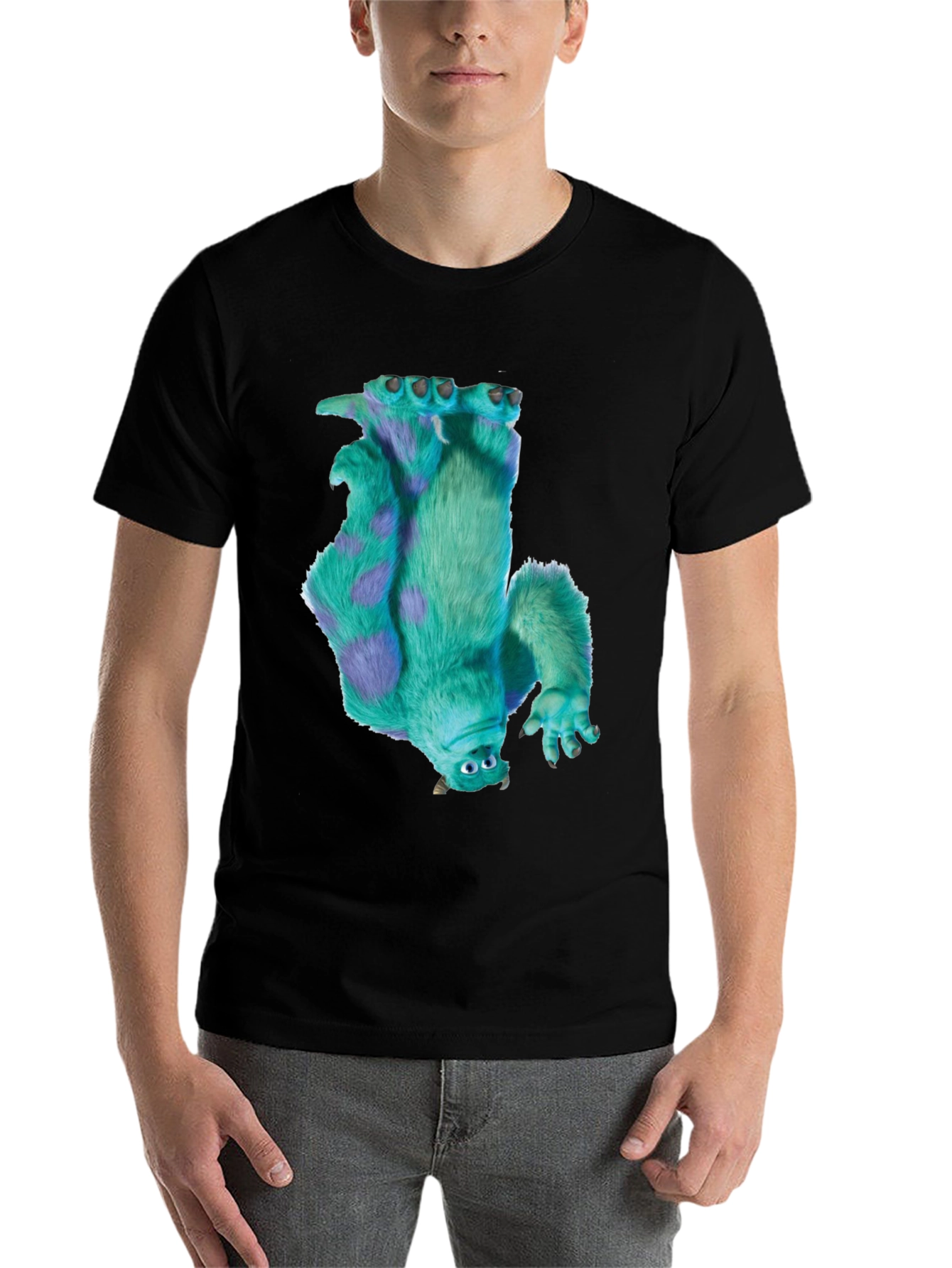 Black Monster Tee - Upside Down Fuzzy Monster Graphic Black T-Shirt view 7