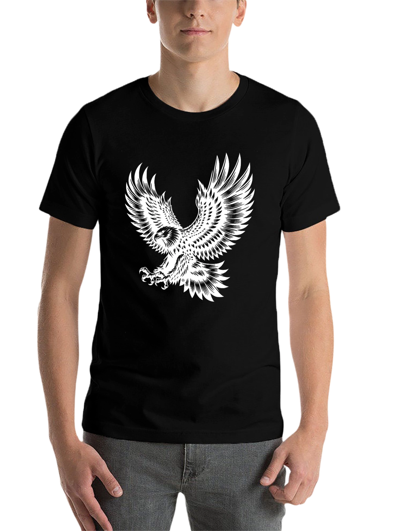 Black Men's Black T-Shirt with Eagle Graphic view 7