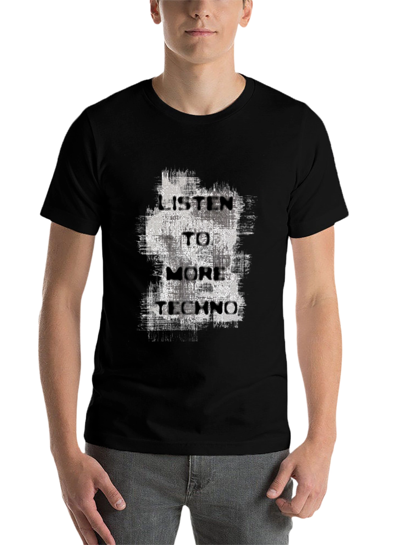 Black Listen To More Techno Graphic Tee - Black Cotton T-Shirt view 7