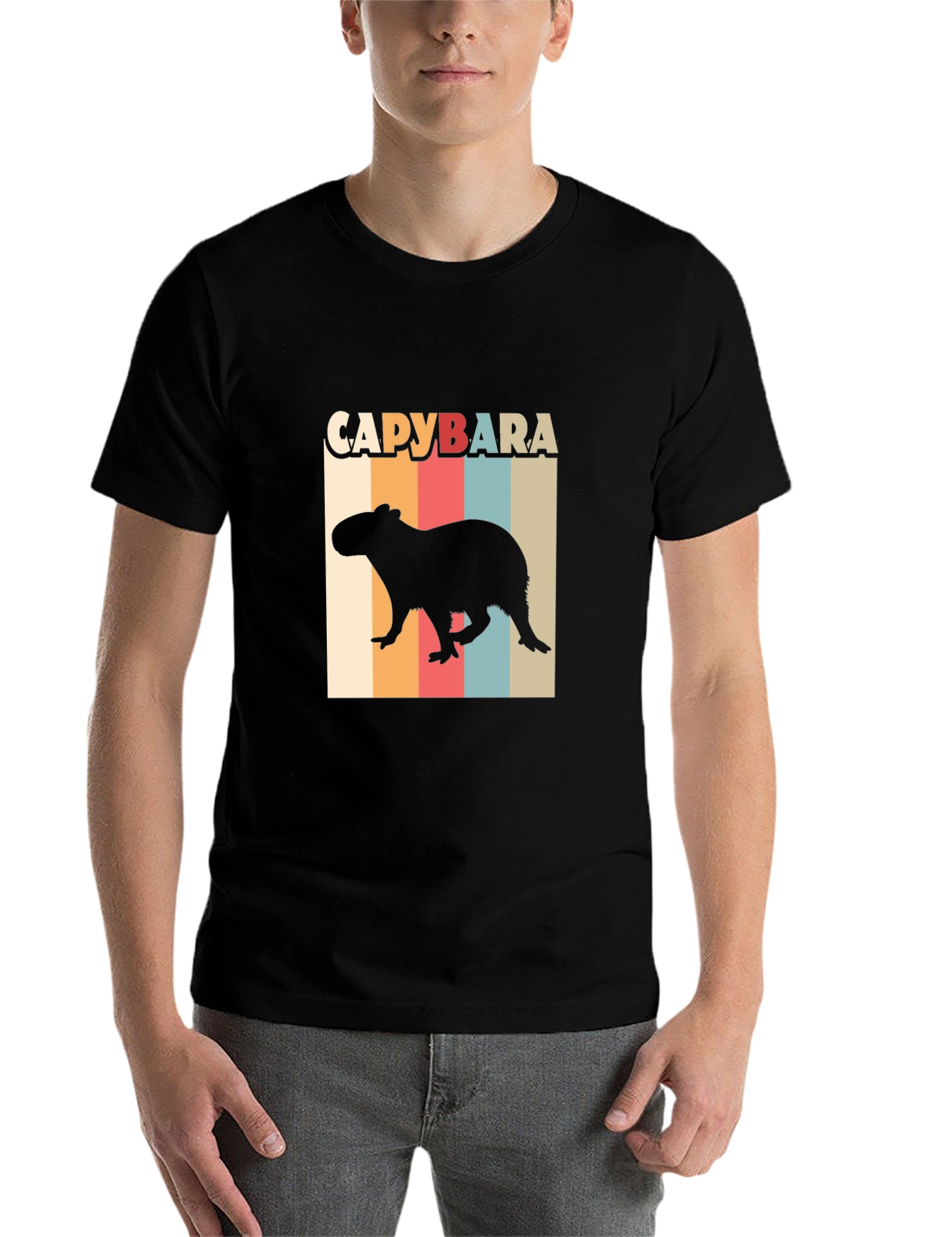Black Capybara Retro Style T-Shirt view 7