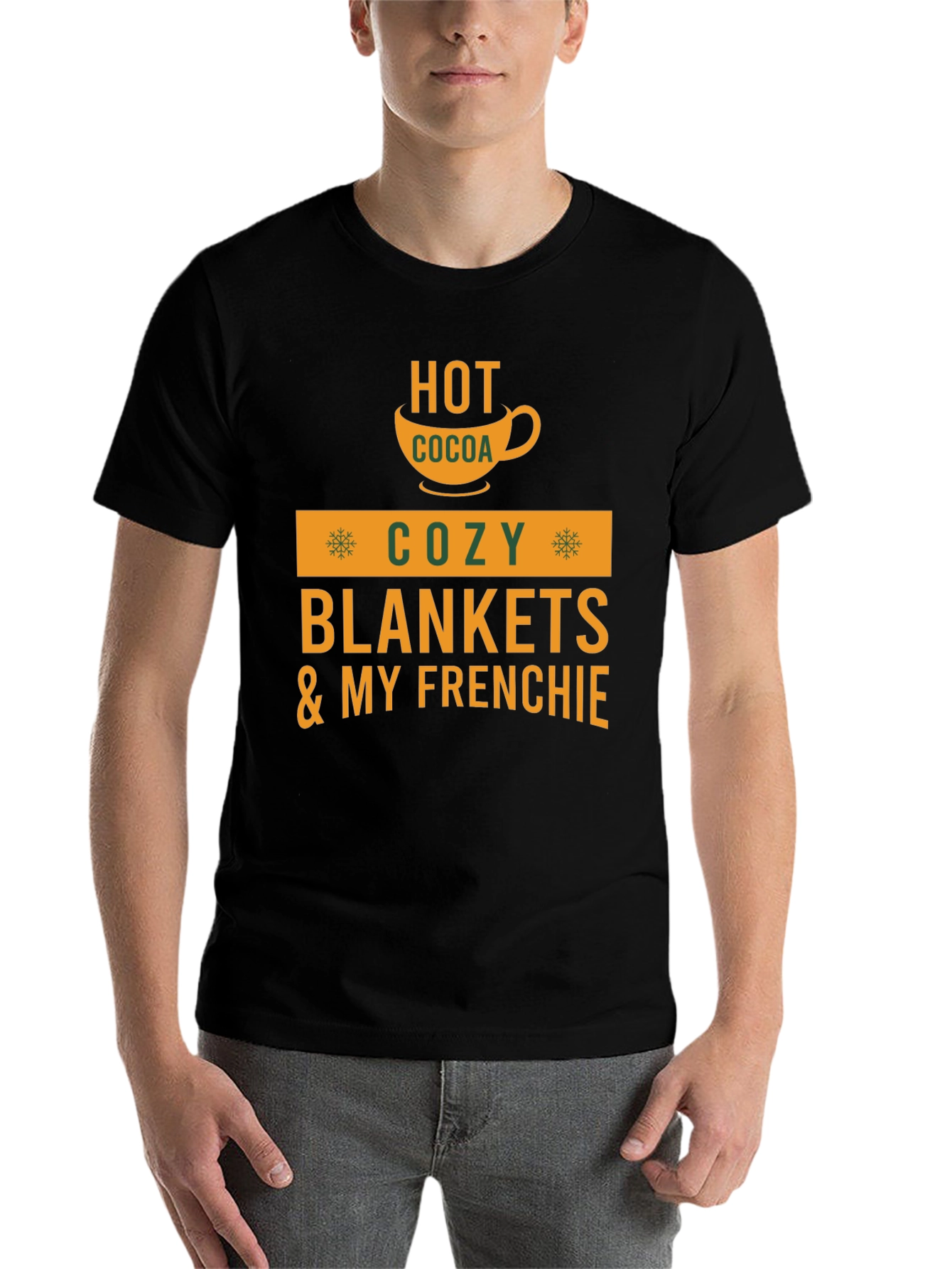Black Cozy Season T-Shirt: Hot Cocoa & Frenchie view 7