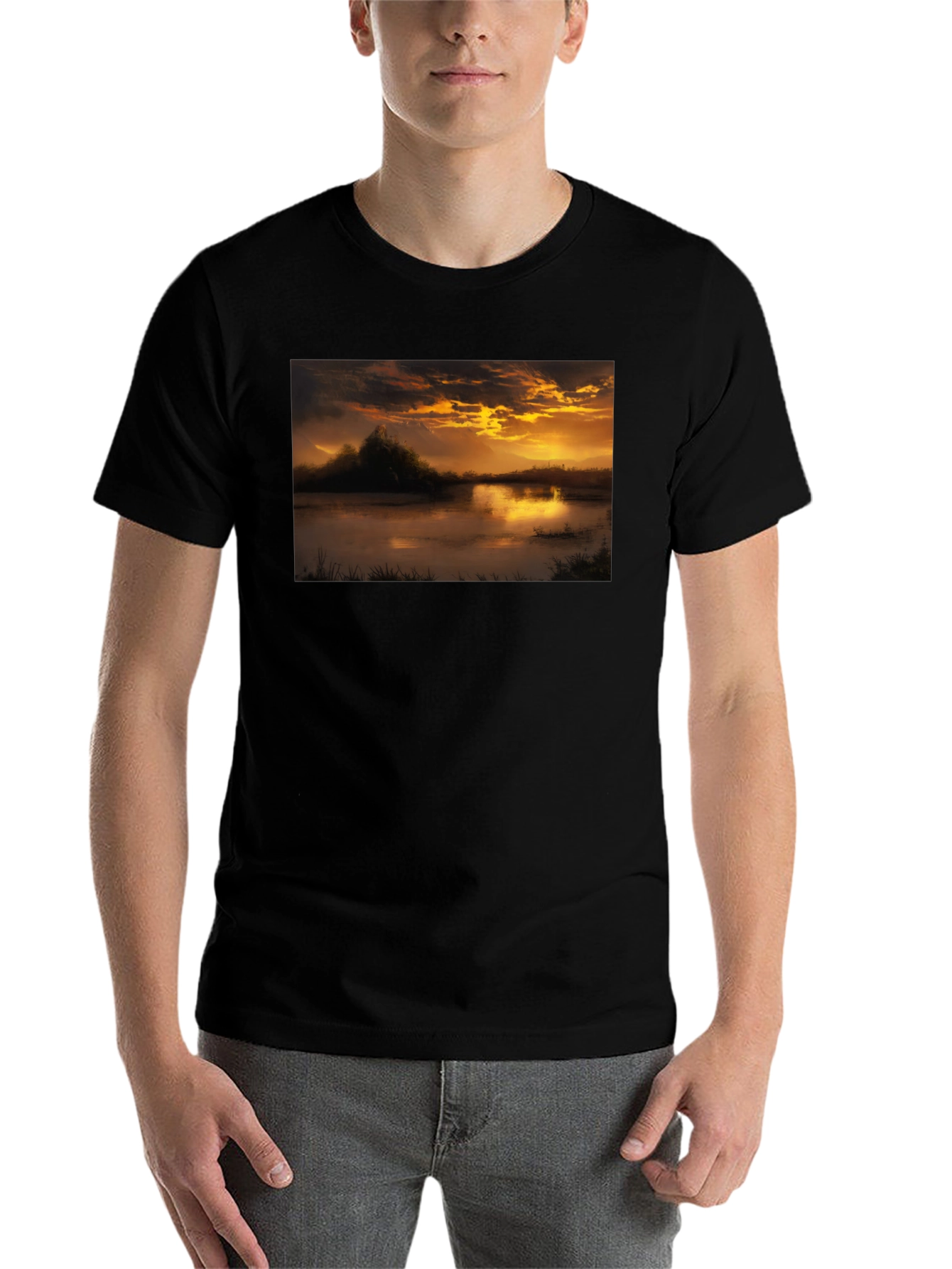 Black Sunset Lake Graphic Tee - Black Cotton Blend view 7