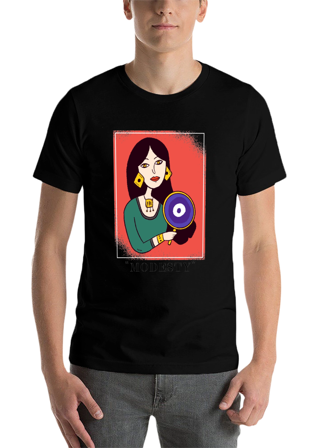 Black Graphic T-Shirt with "Modesty" Design view 7