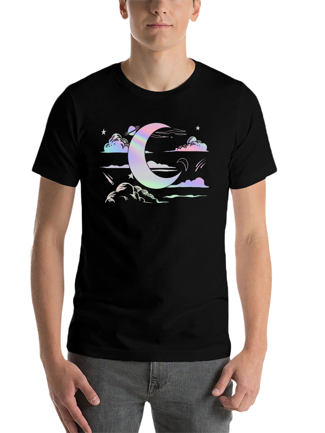 Black Celestial Moon & Stars Graphic Tee - Soft Cotton Blend view 7