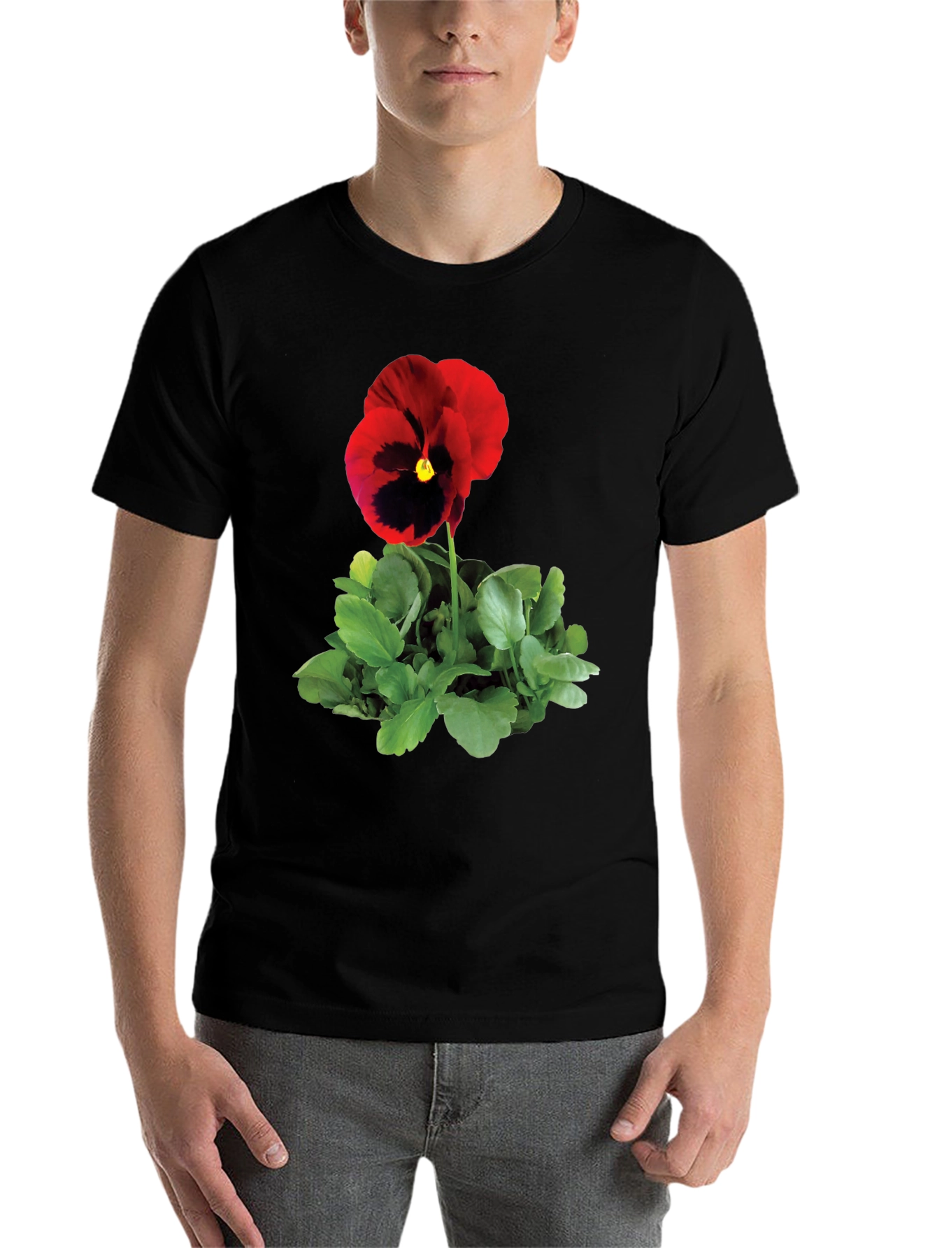 Black Pansy Flower Graphic Tee - Black Unisex T-Shirt view 7
