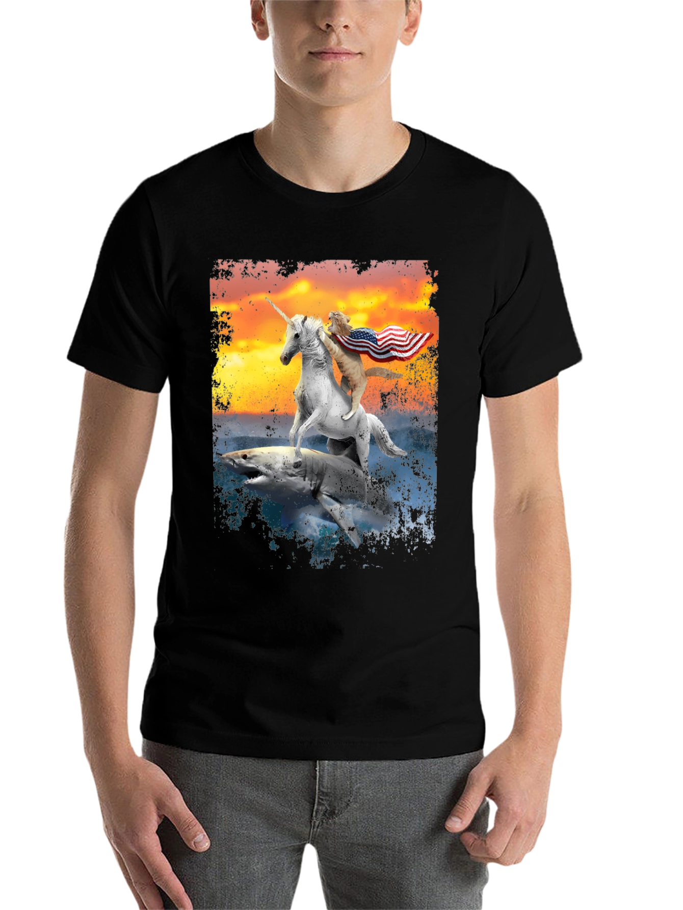Black Cat Riding Unicorn on Shark T-Shirt view 7