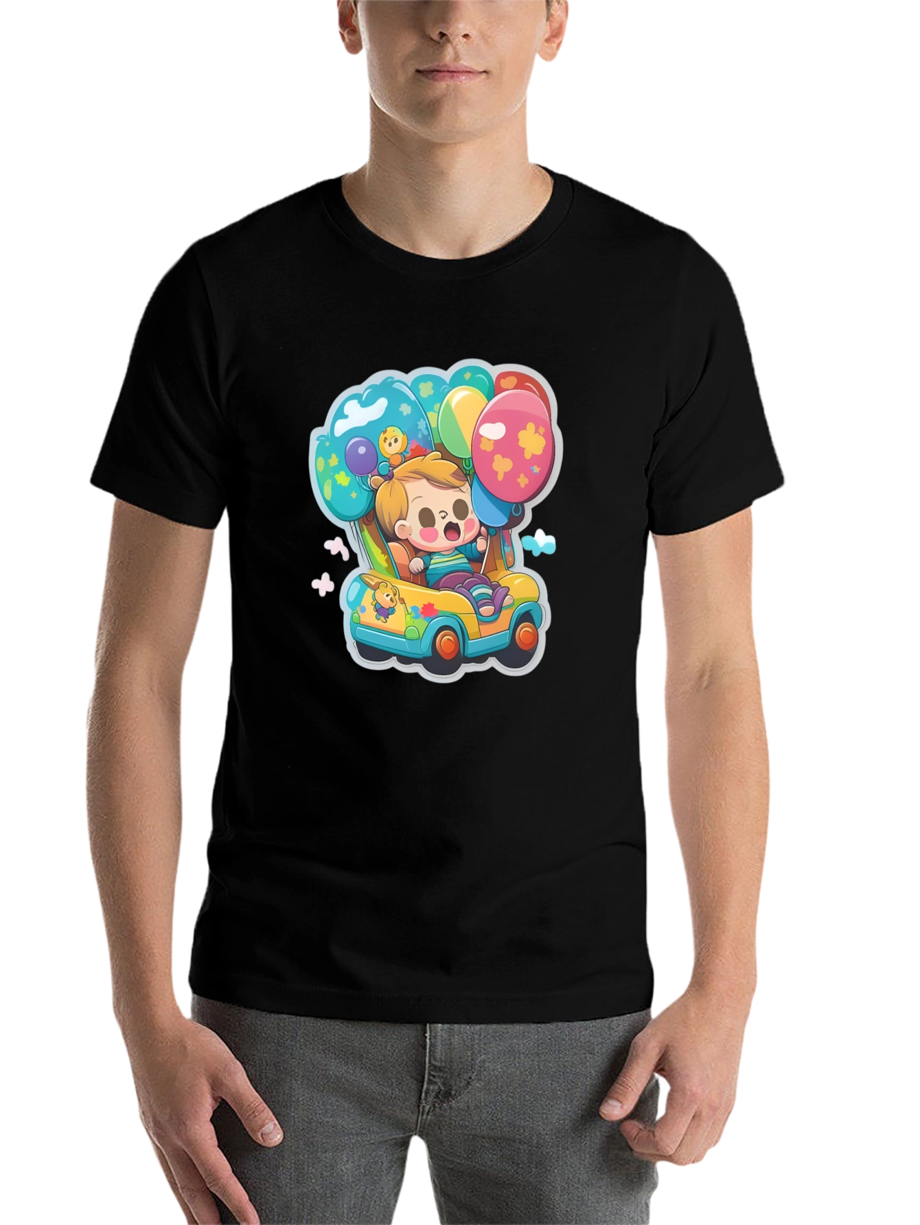 Black Cartoon Car & Balloons Graphic T-Shirt view 7