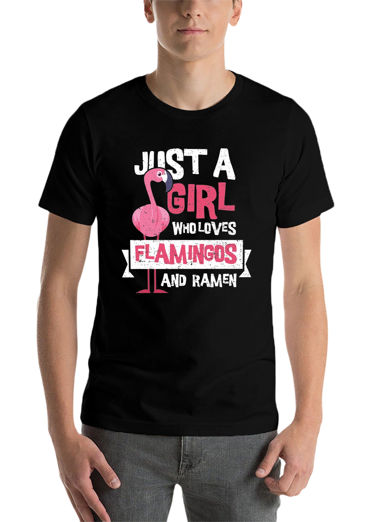 Black Just A Girl Who Loves Flamingos and Ramen T-Shirt view 7